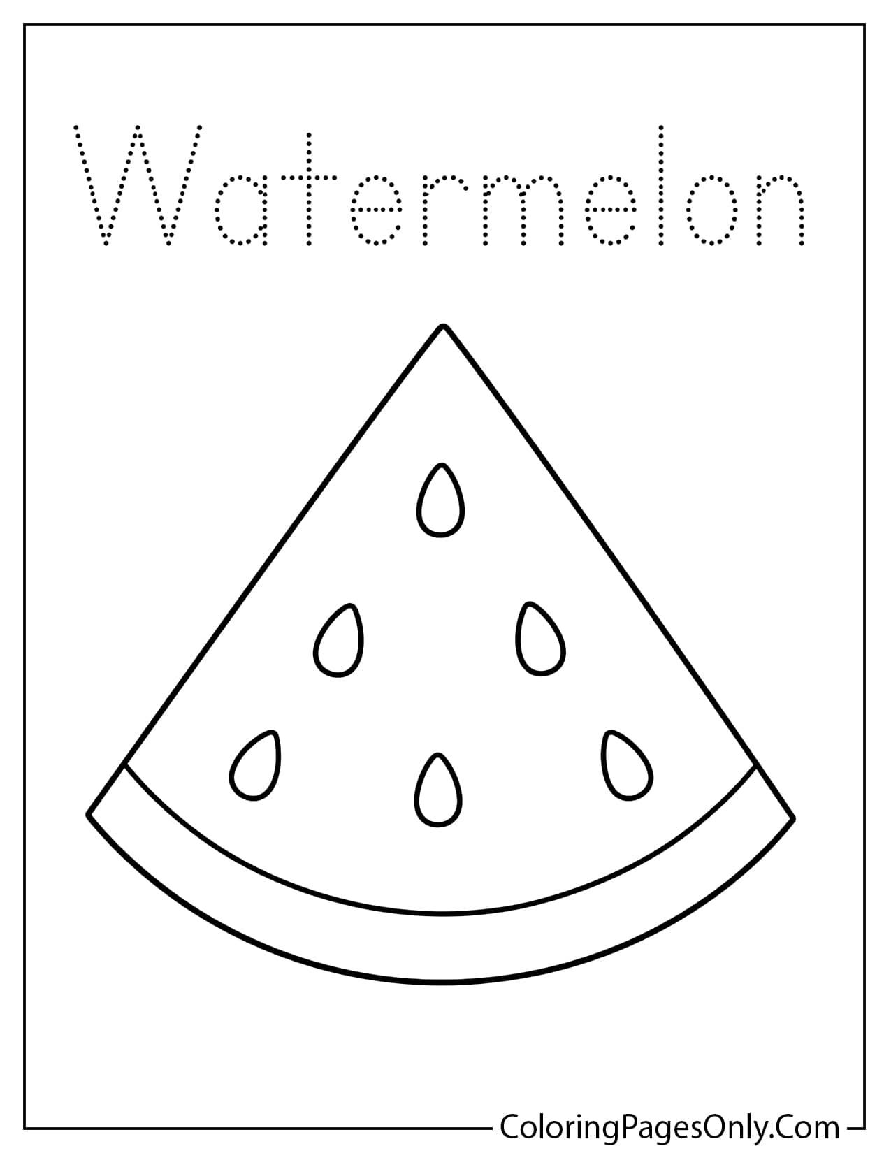 Watermelon trace and color worksheet with simple word and fruit outline from Watermelon