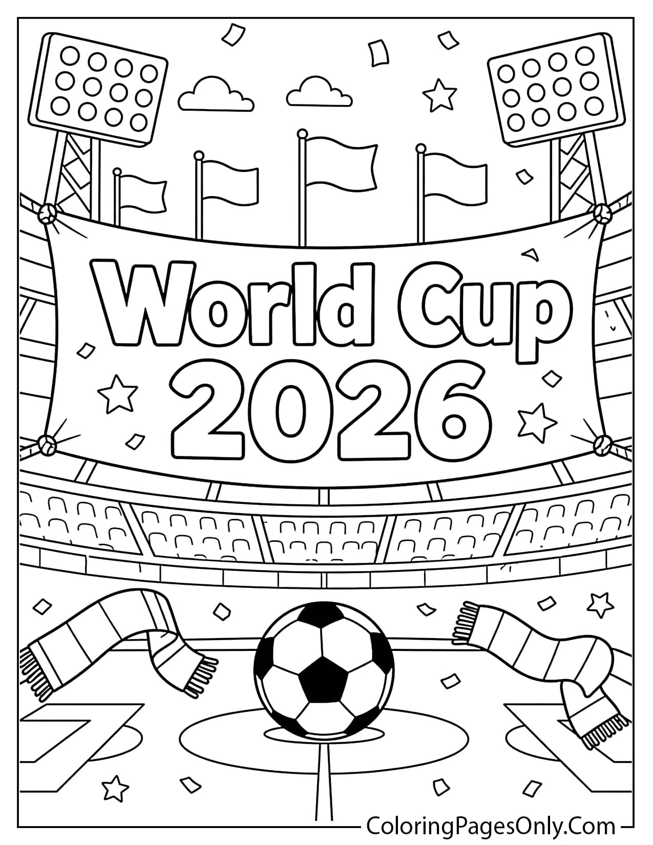 World Cup 2026 banner coloring page with stadium lights and soccer decorations from World Cup