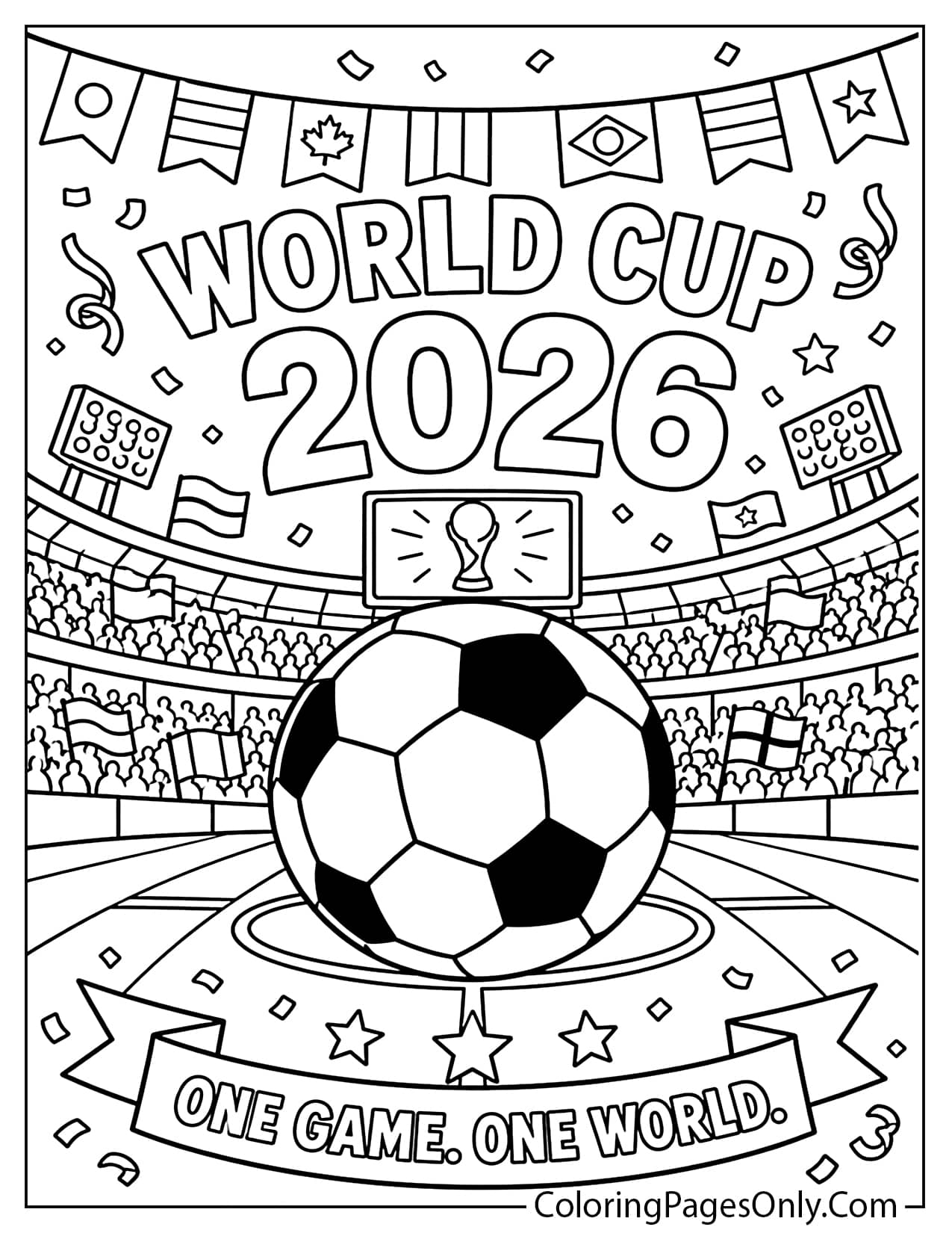 World Cup 2026 coloring page with soccer ball, flags, and stadium from World Cup