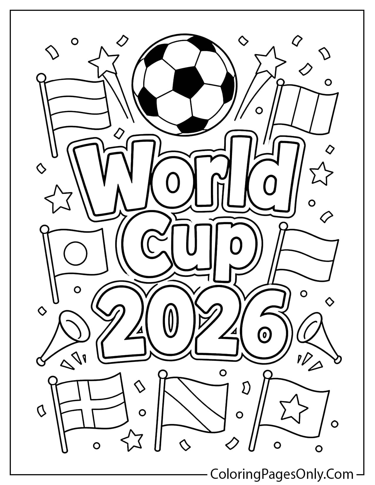 World Cup 2026 lettering coloring page with soccer ball, flags, and stars from World Cup