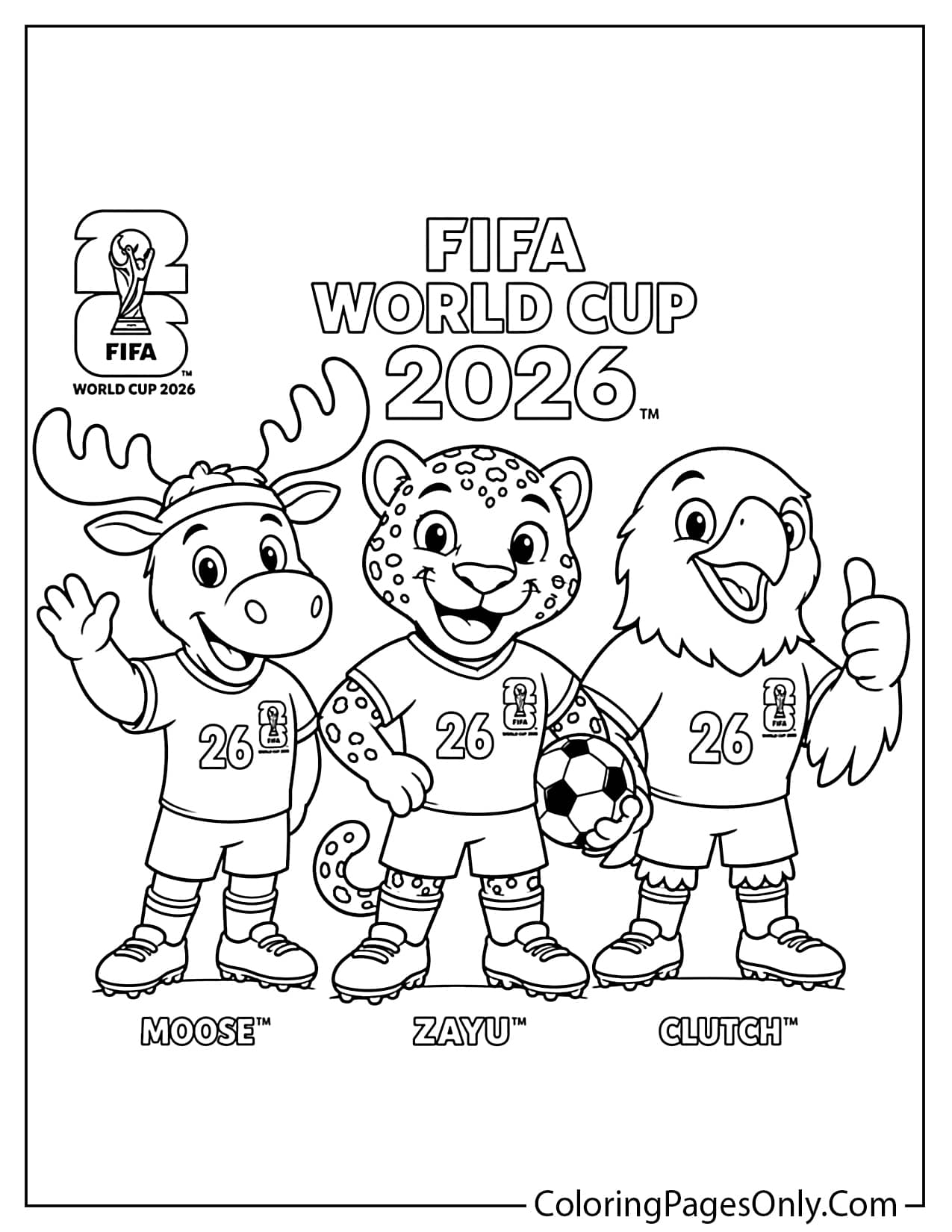 World Cup 2026 mascot-inspired trio coloring page with three friendly soccer characters, a ball, and bold tournament lettering. from World Cup