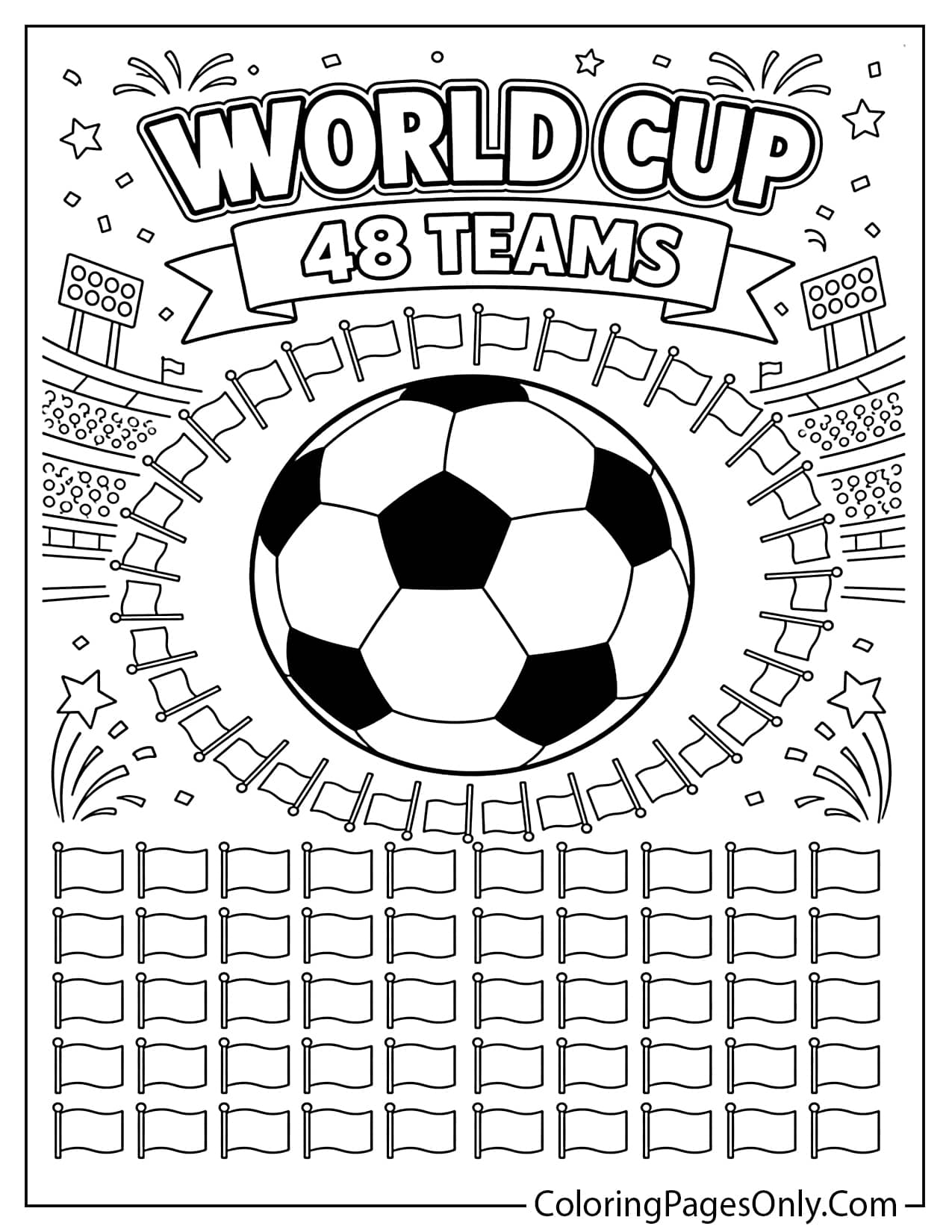 World Cup 48 teams coloring page with soccer ball and group flags from World Cup