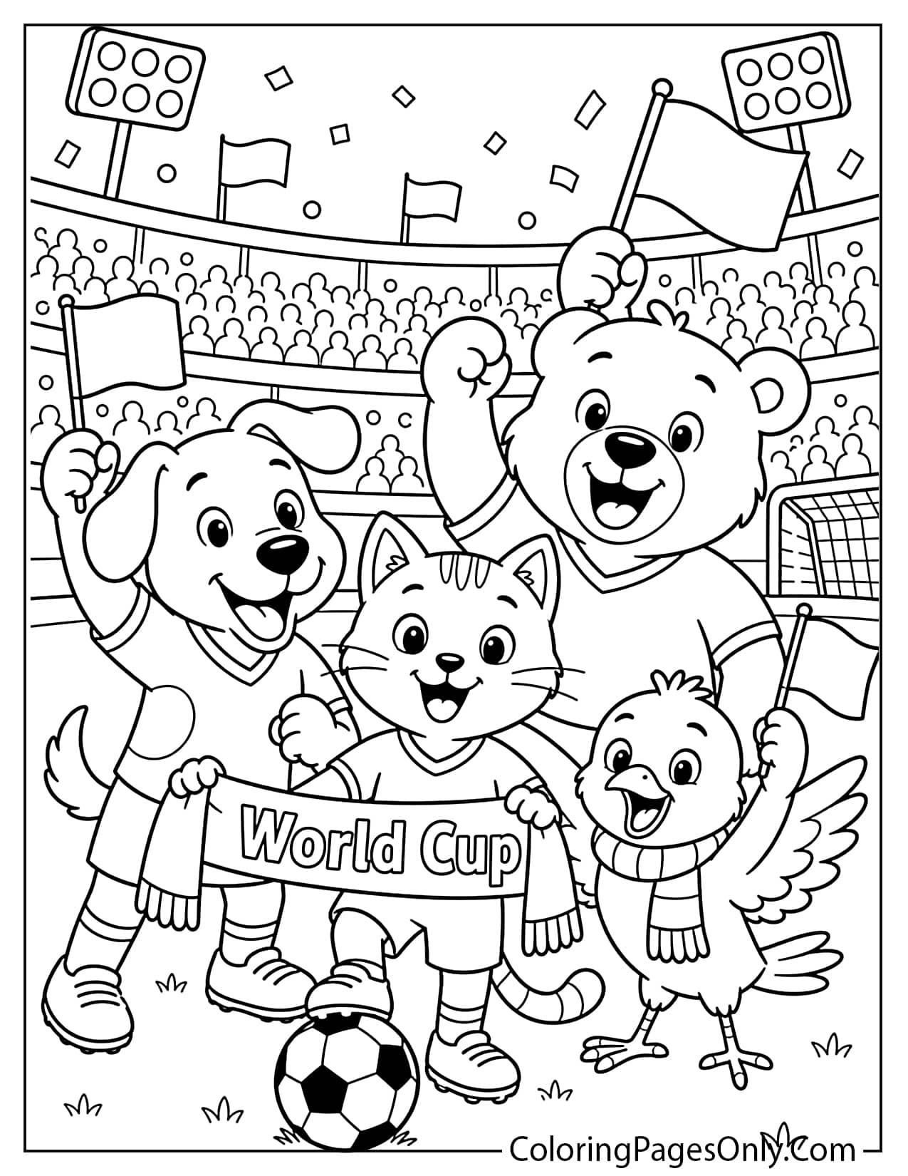 World Cup animal fans coloring page with friendly animals cheering in a stadium from World Cup