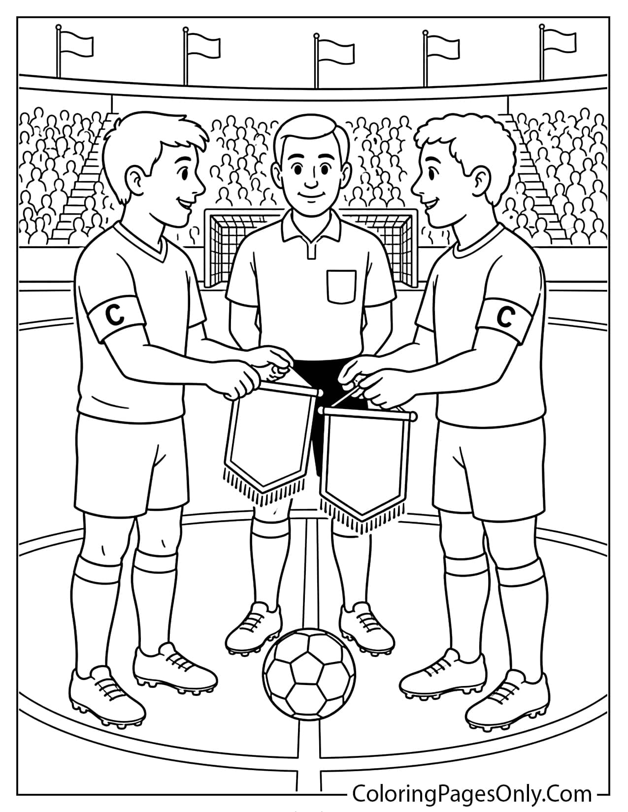 World Cup captains exchange coloring page with team pennants and referee from World Cup