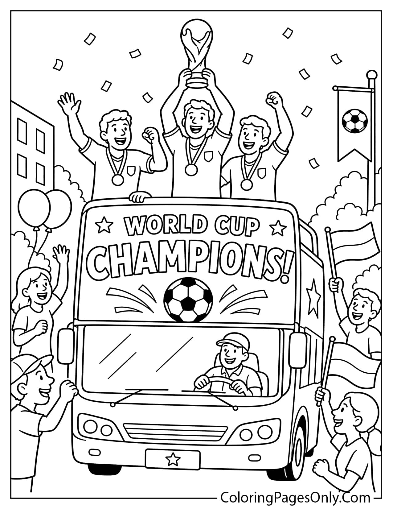 World Cup champions celebration bus coloring page with soccer team and fans from World Cup