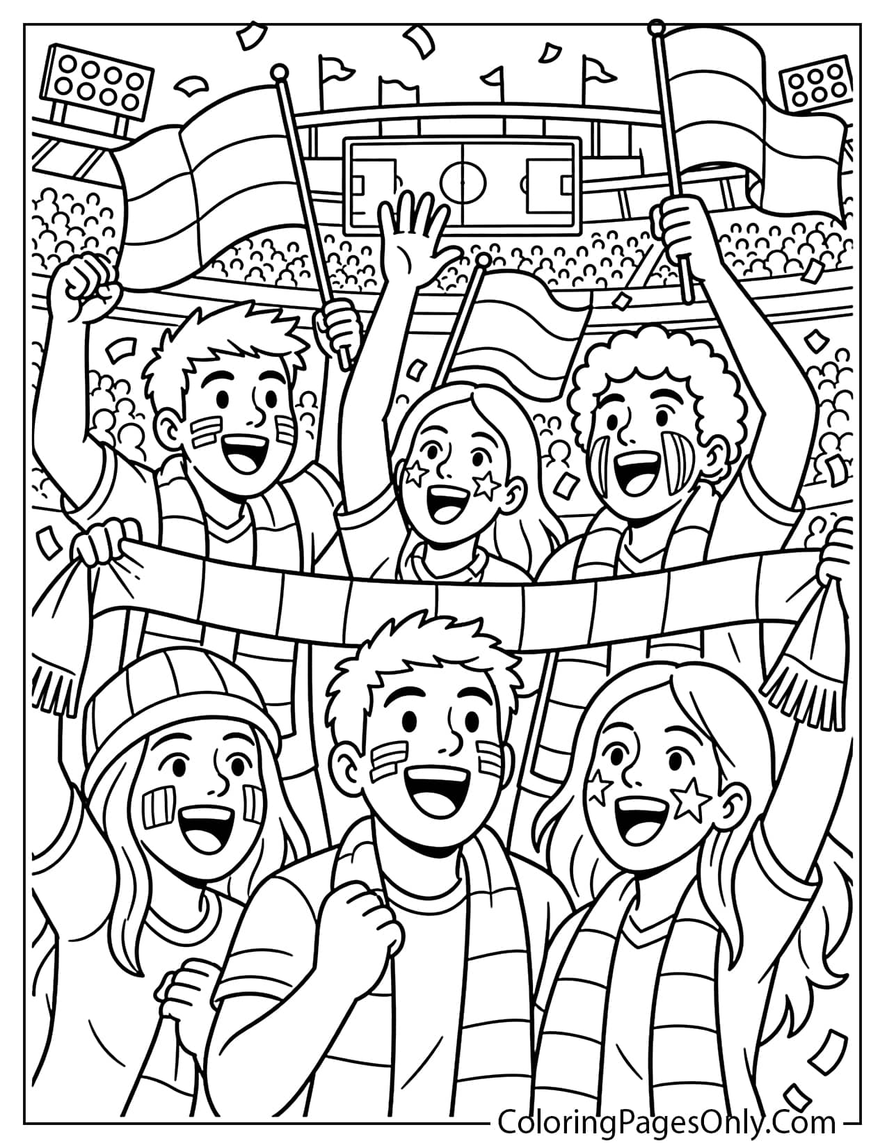 World Cup fan face paint coloring page with cheering soccer supporters and flags from World Cup