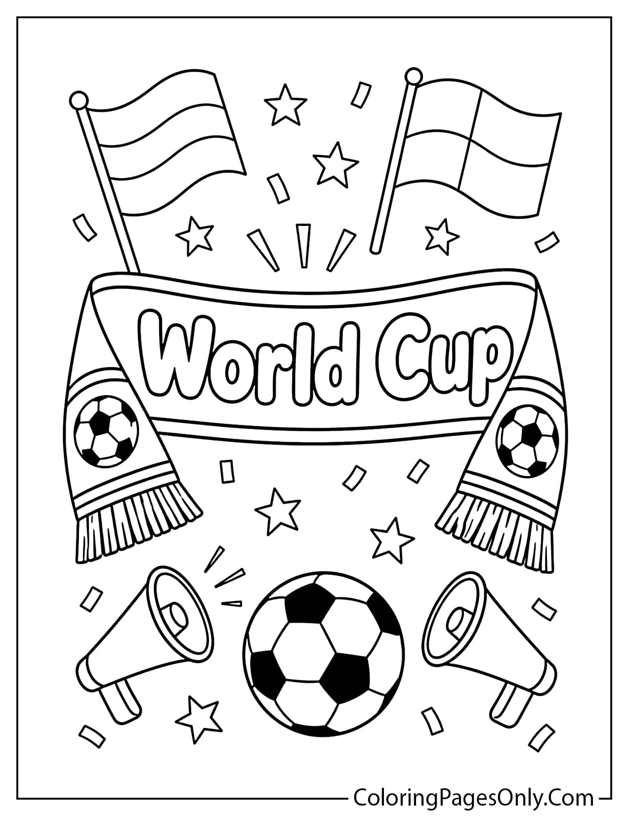 World Cup fan scarf coloring page with soccer scarf, flags, and cheering symbols from World Cup