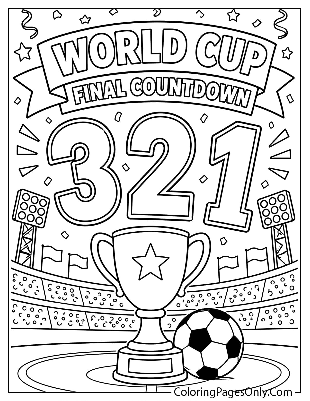 World Cup final countdown coloring page with large numbers, trophy, and stadium lights from World Cup