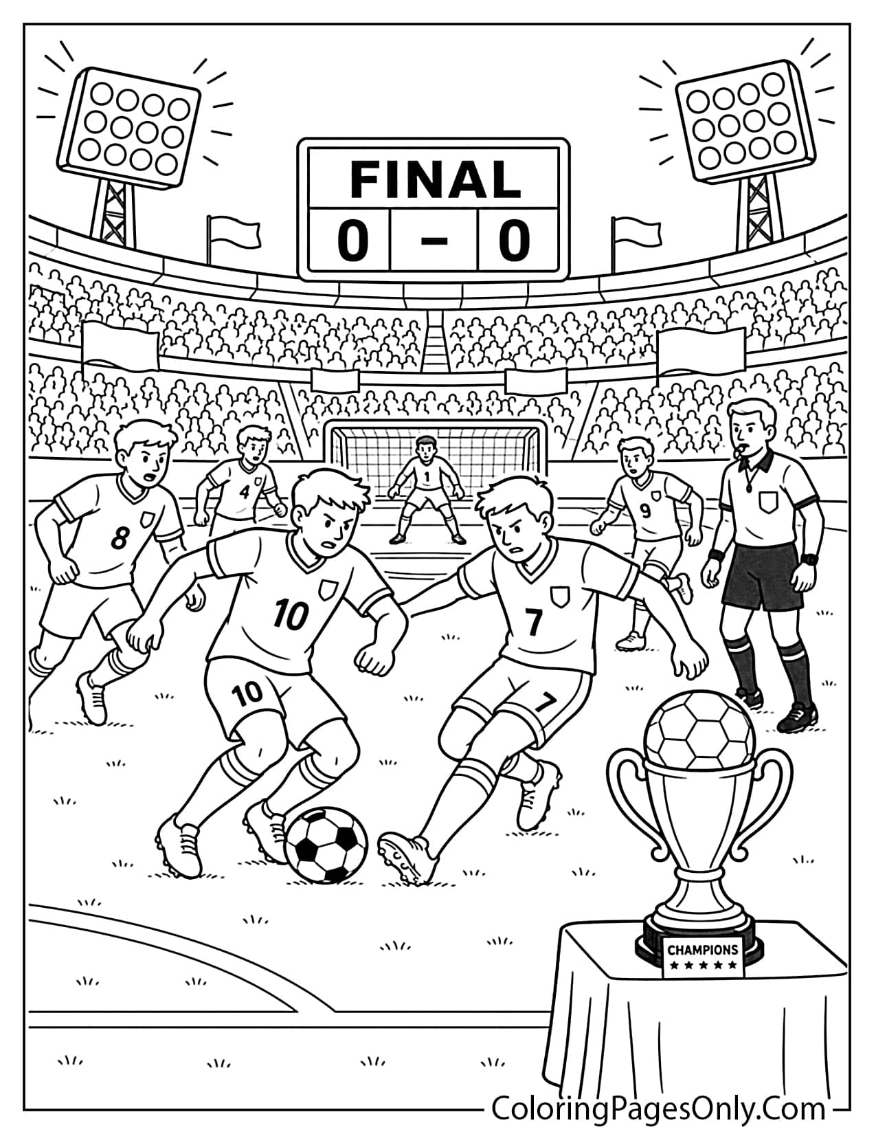 World Cup final match coloring page with two teams playing under stadium lights from World Cup