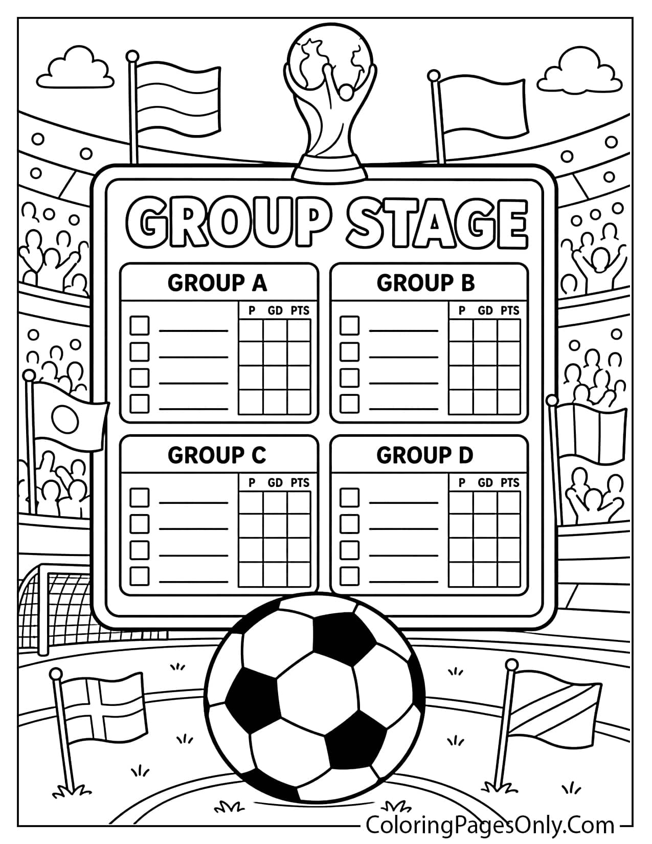 World Cup group stage coloring page with four teams and soccer ball from World Cup