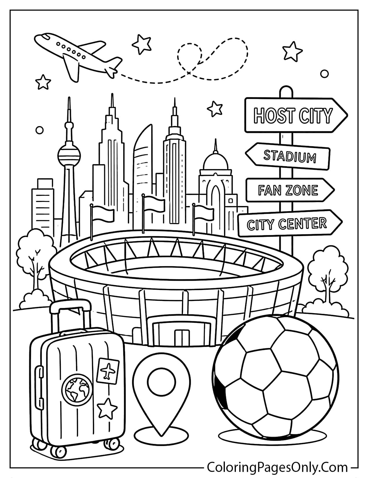 World Cup host cities skyline coloring page with stadium and travel symbols from World Cup