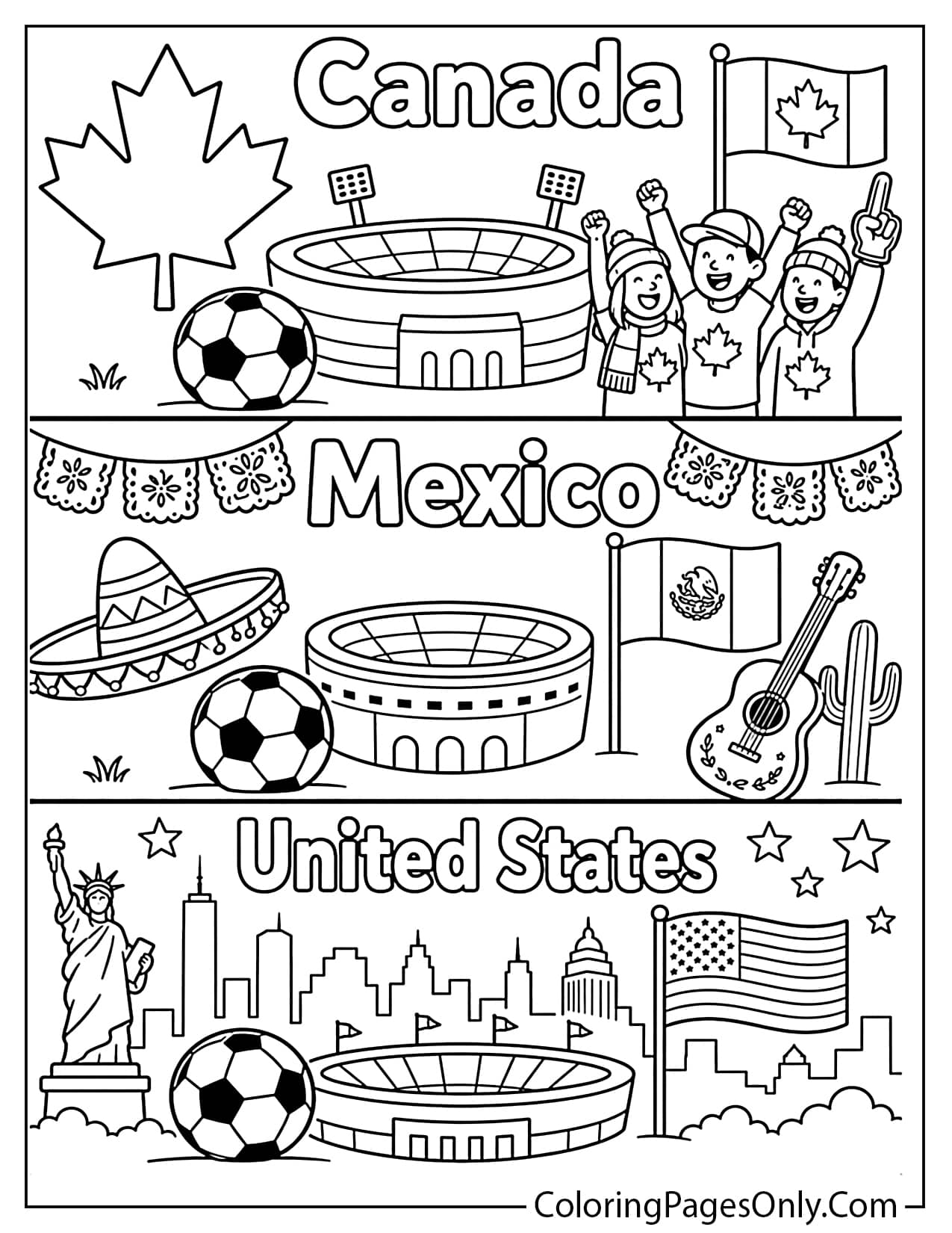 World Cup host countries coloring page with Canada, Mexico, and USA soccer symbols from World Cup