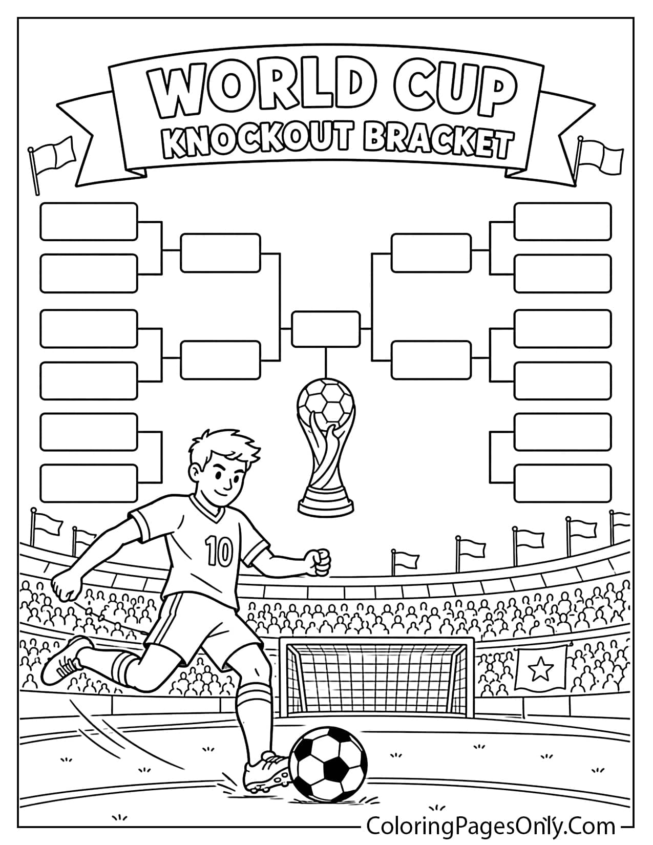 World Cup knockout bracket coloring page with soccer ball and stadium from World Cup