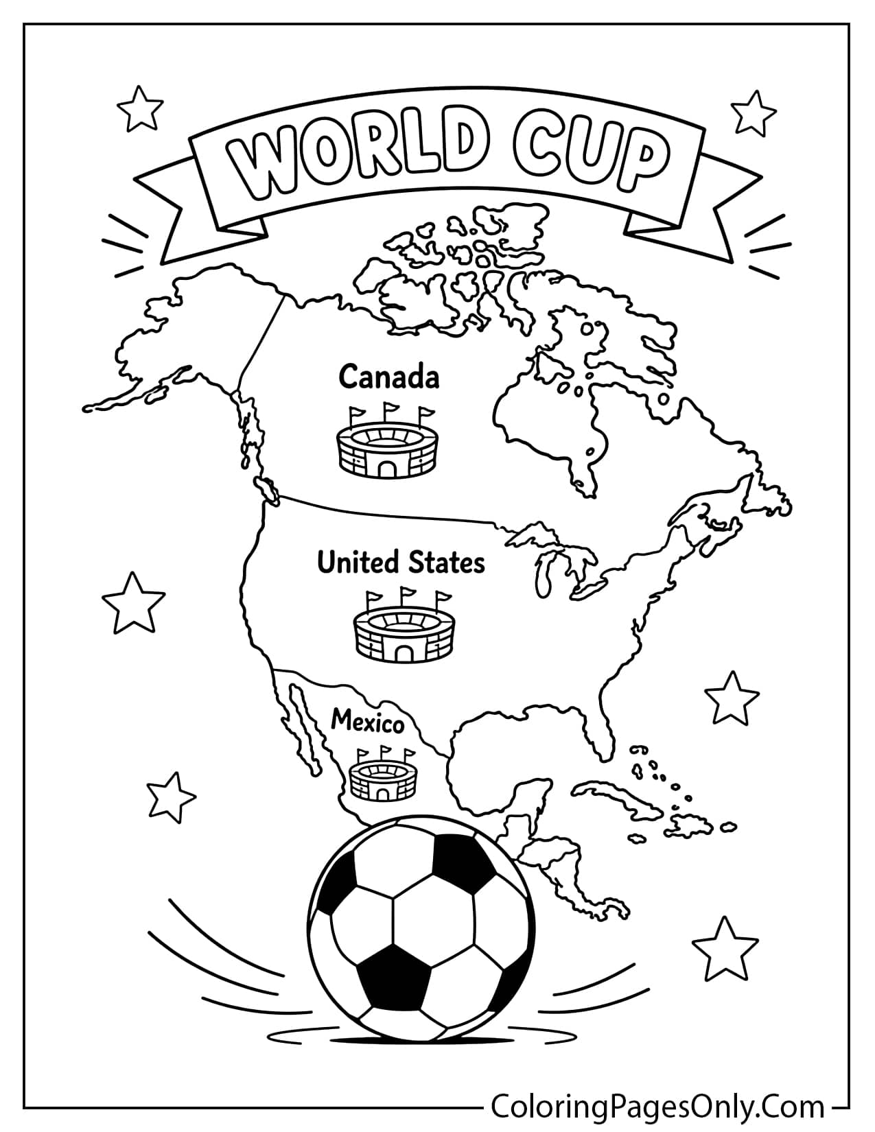Canada Mexico USA World Cup map coloring page with soccer ball and host markers from World Cup
