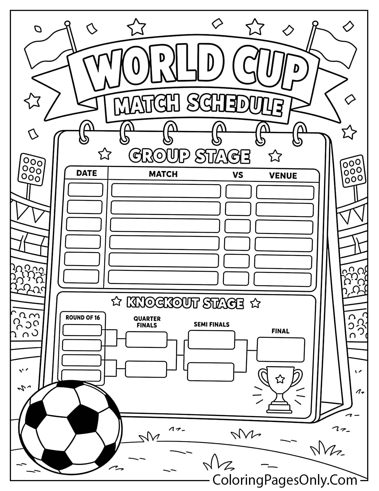 World Cup match schedule coloring page with calendar, bracket, and soccer field from World Cup