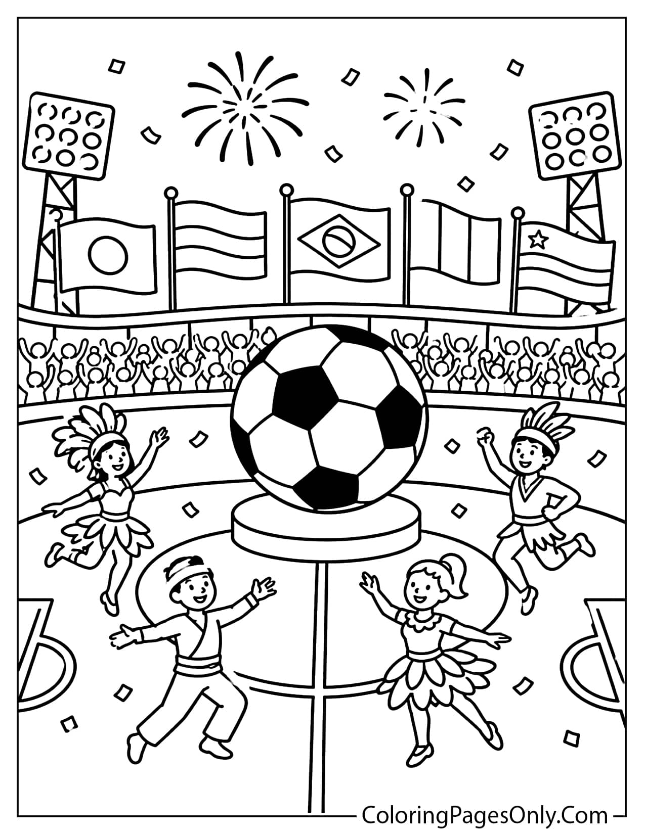 World Cup opening ceremony coloring page with performers, flags, and stadium from World Cup