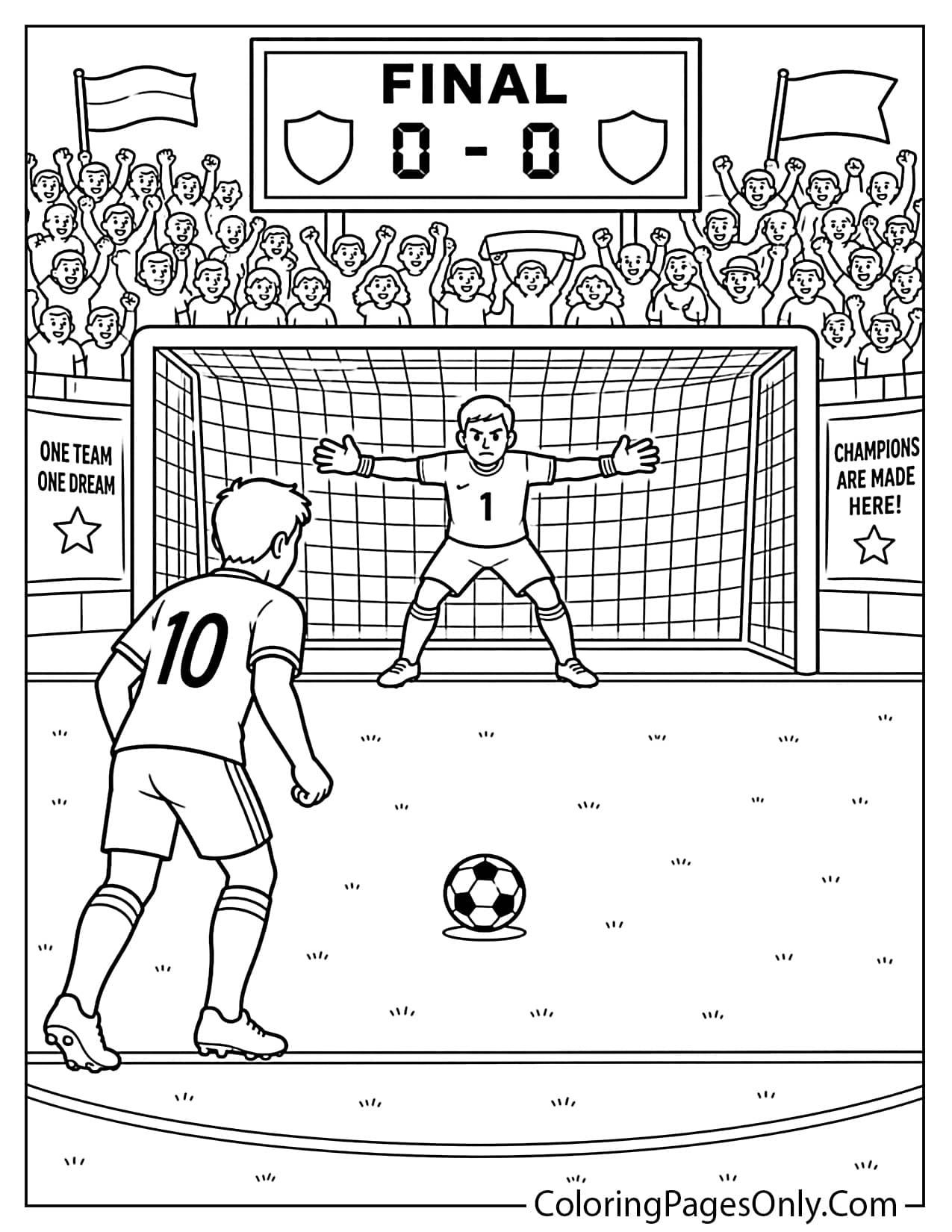 World Cup penalty shootout coloring page with goalkeeper and kicker from World Cup