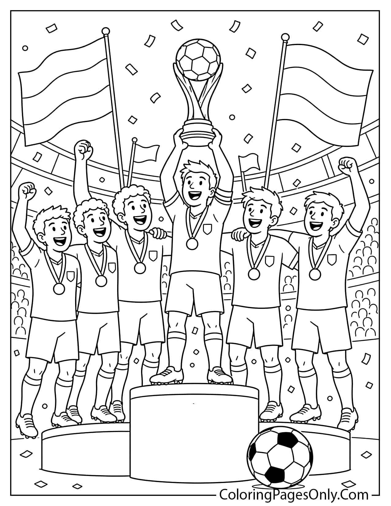 World Cup podium celebration coloring page with champion team, trophy, and confetti from World Cup