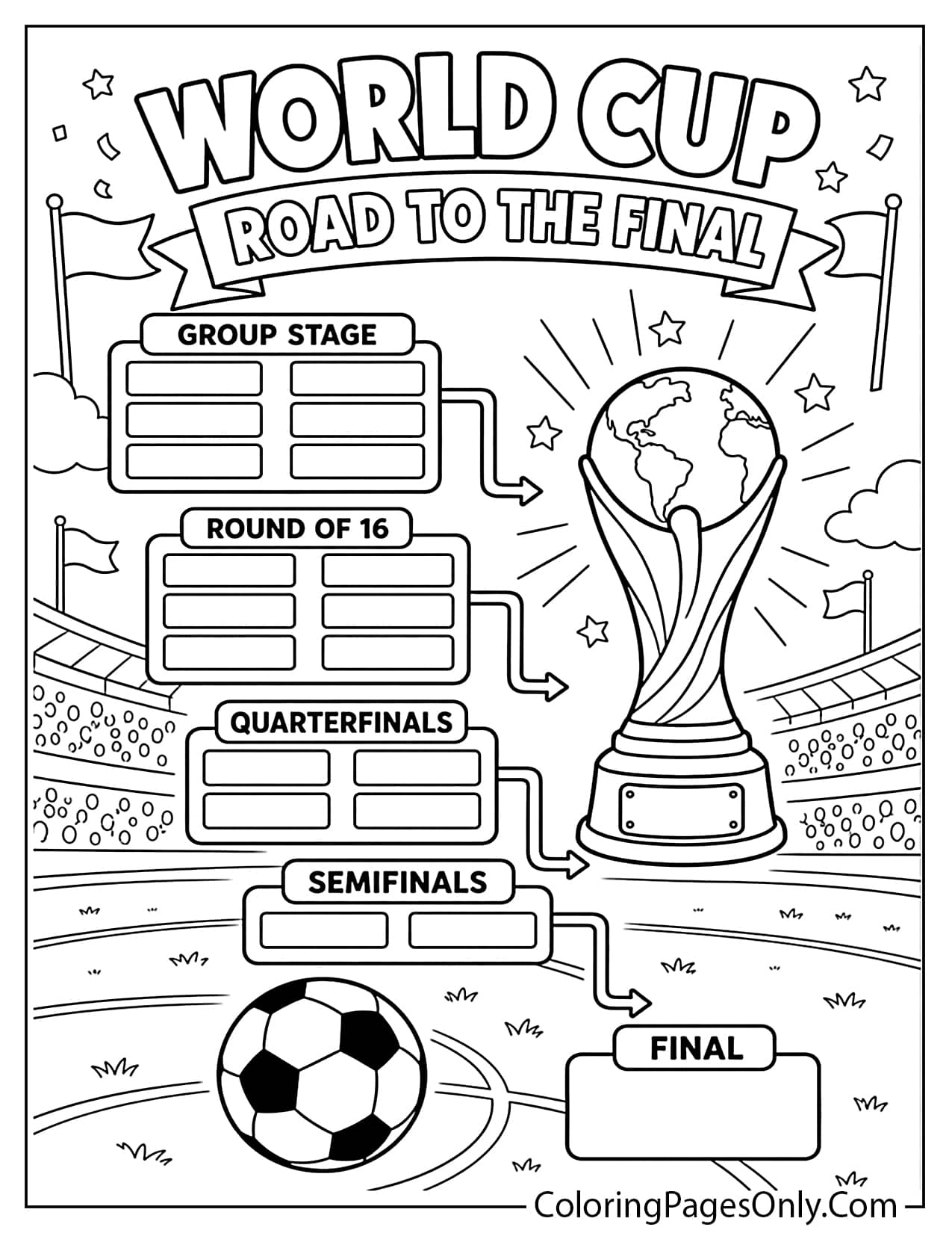 World Cup road to the final coloring page with tournament path, bracket, and trophy from World Cup
