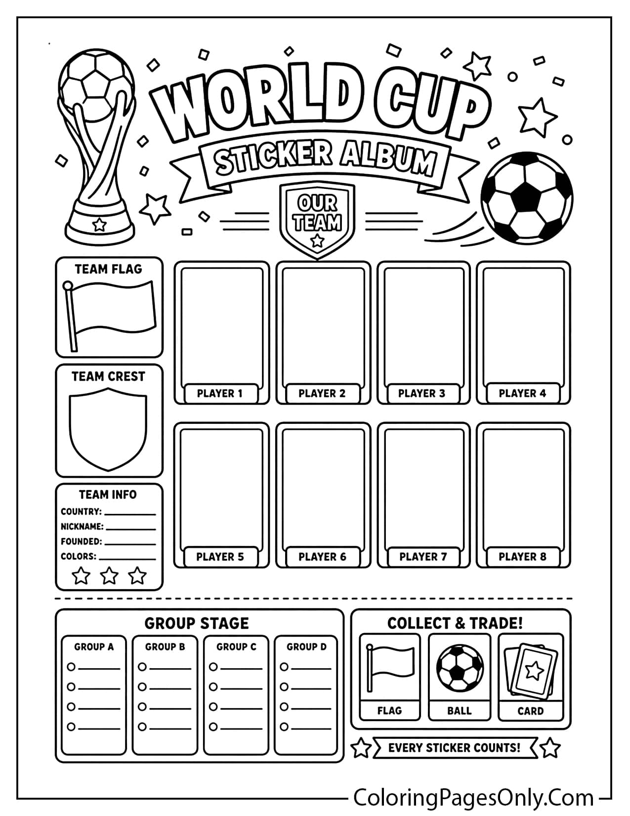 World Cup sticker album coloring page with player sticker spaces, flags, and soccer cards from World Cup