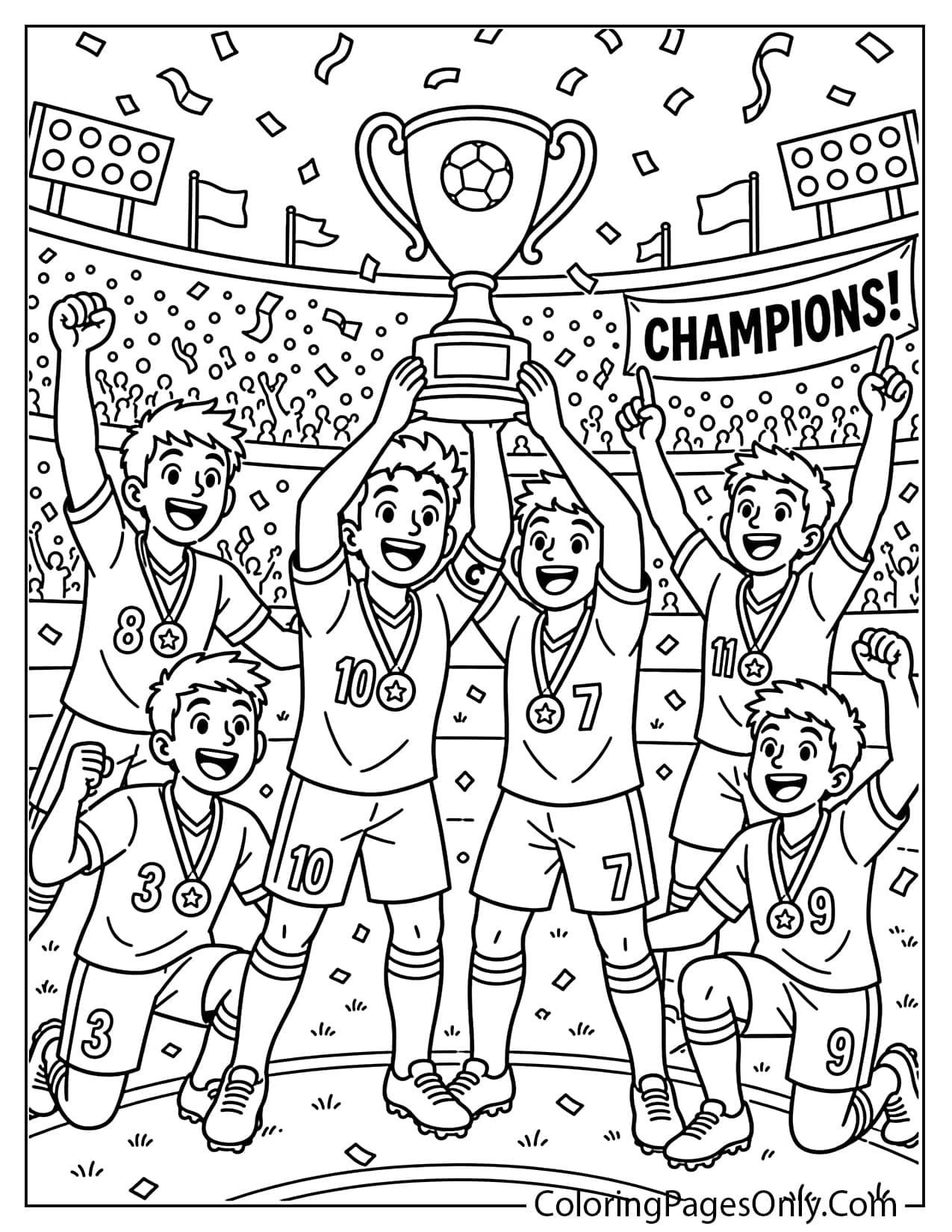 World Cup trophy celebration coloring page with soccer players cheering from World Cup