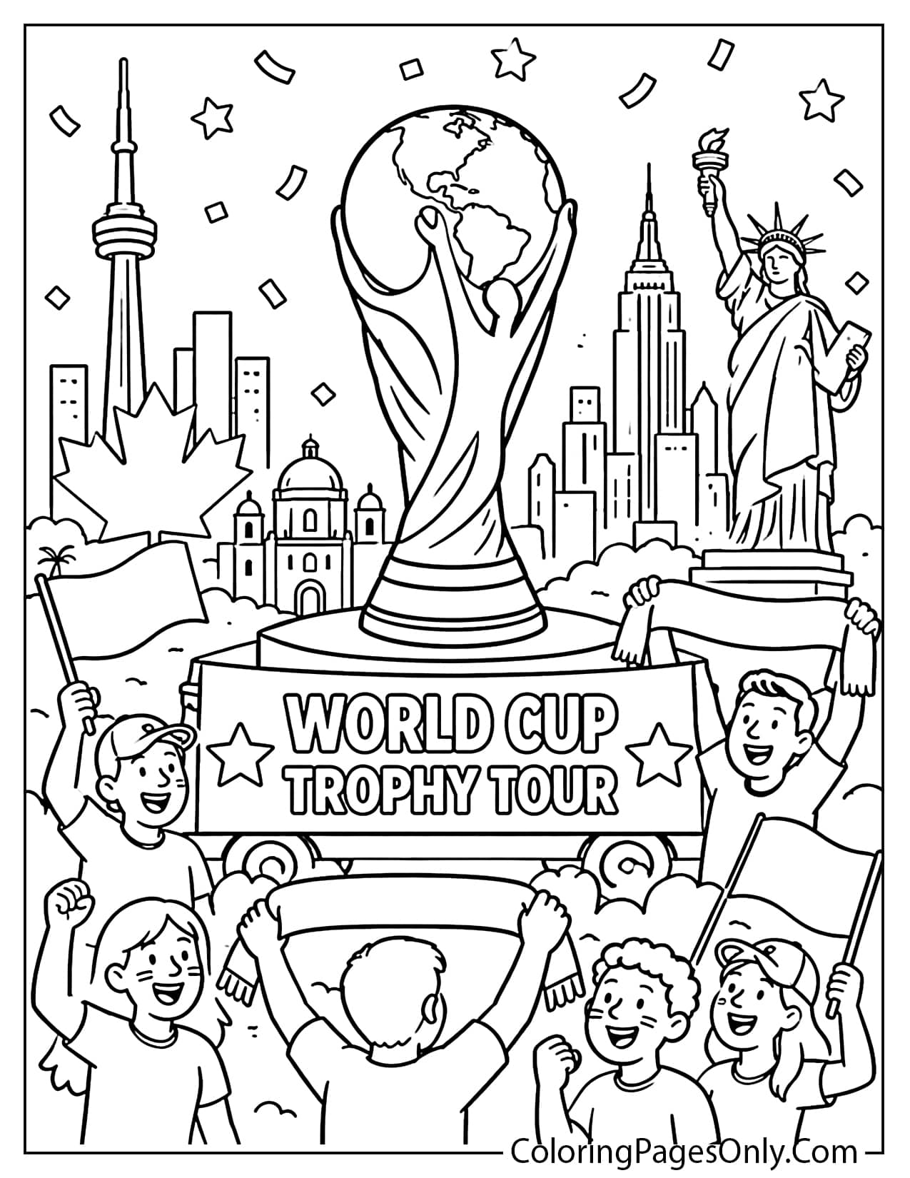World Cup trophy tour coloring page with generic trophy, fans, and host city landmarks from World Cup