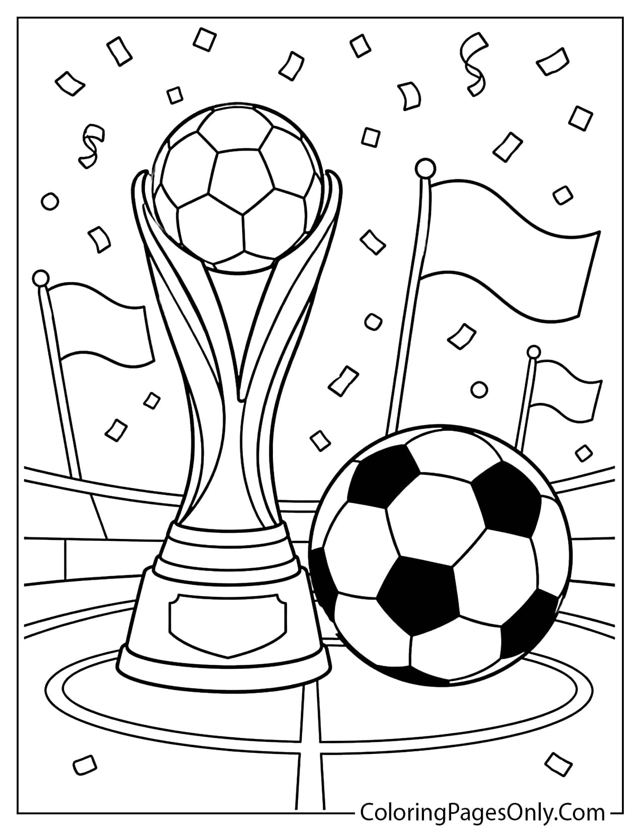 World Cup trophy and soccer ball coloring page with confetti and flags from World Cup