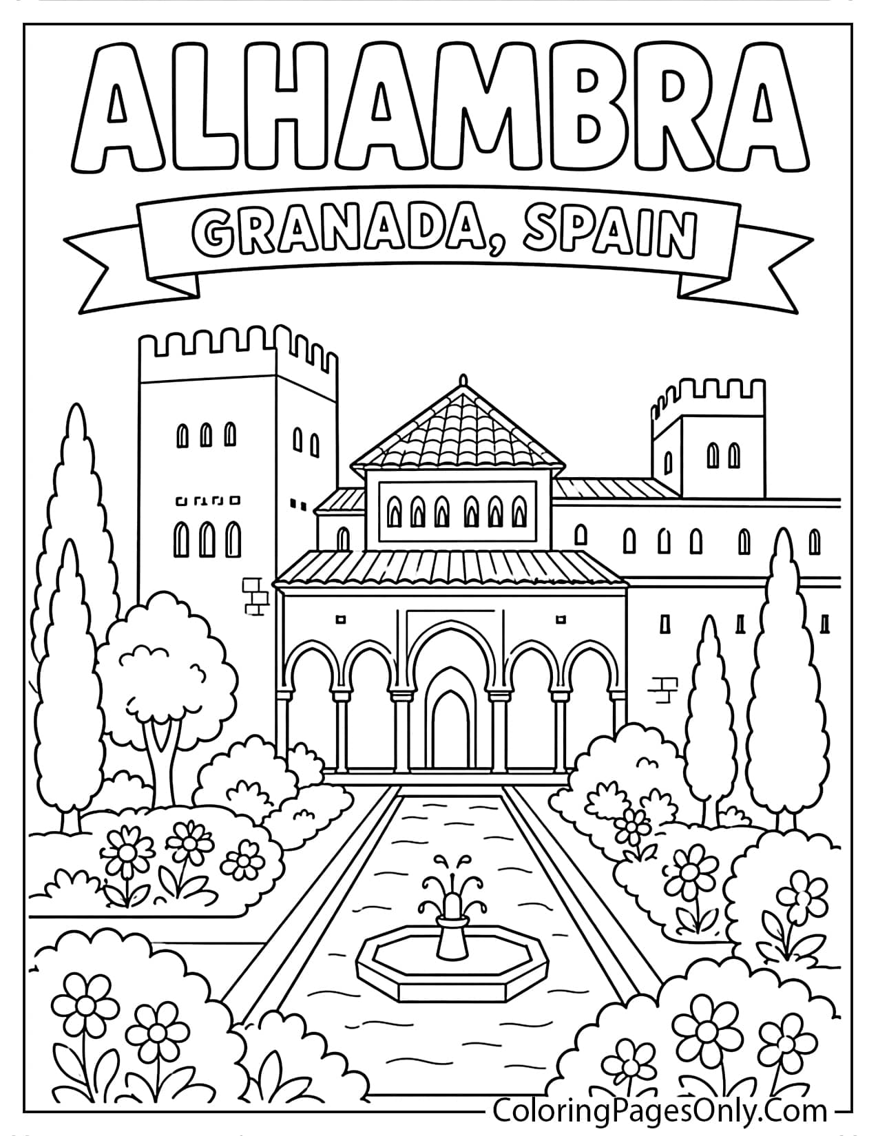 Alhambra palace in Granada Spain coloring page with towers, arches and decorative gardens from Spain