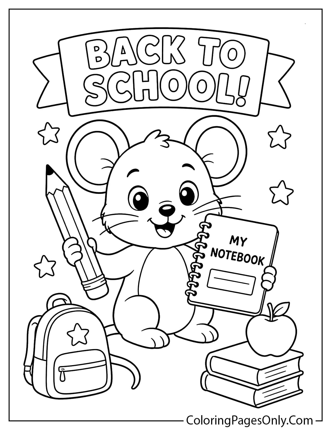 Back to school mouse coloring page for kids from Mouse