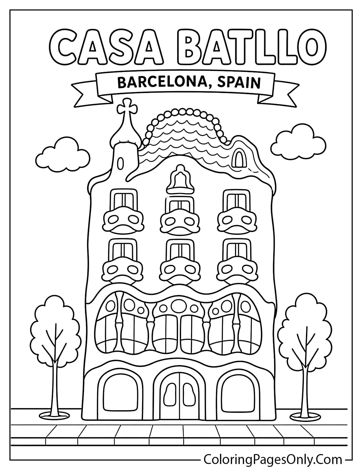 Casa Batllo in Barcelona Spain coloring page featuring its curved windows and creative facade from Spain