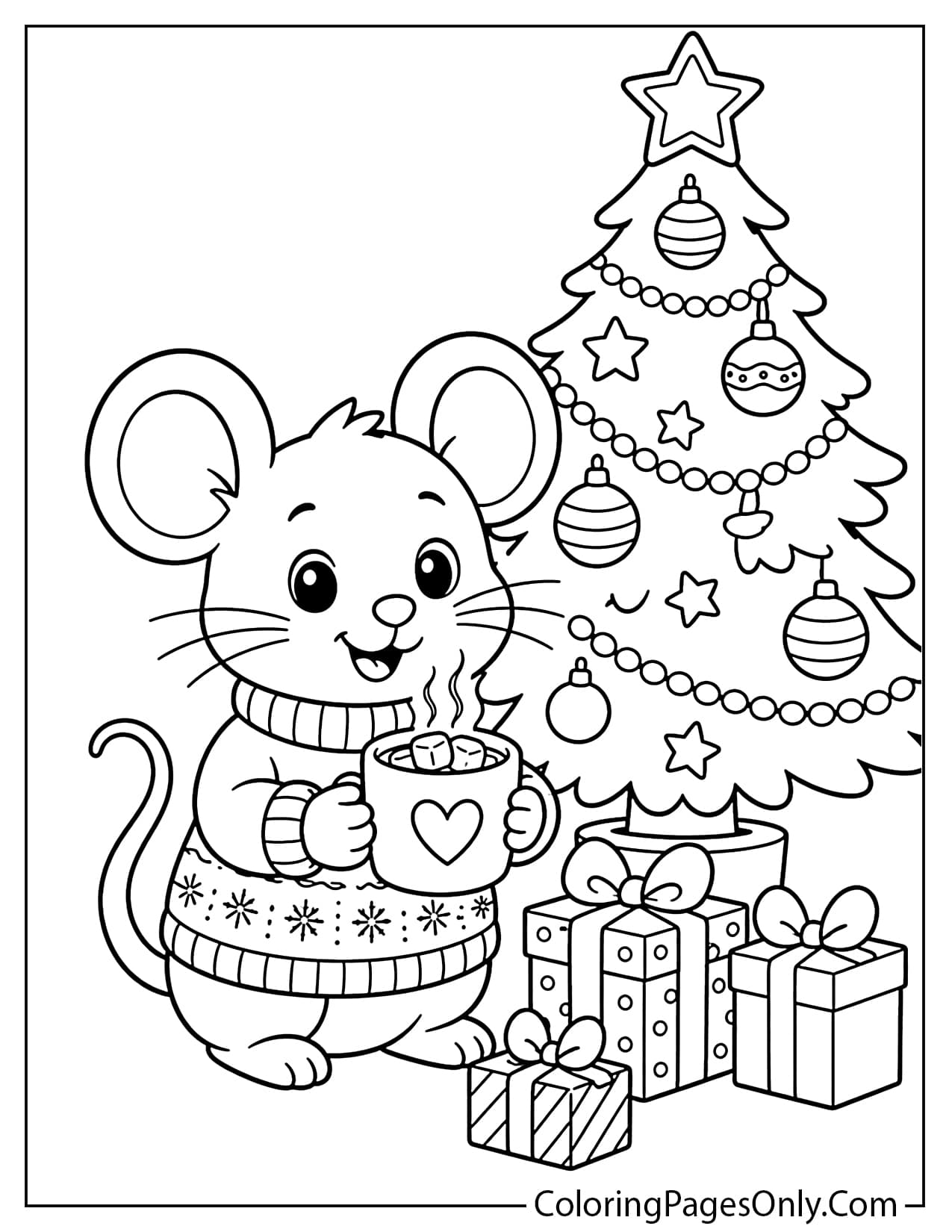 Christmas mouse coloring page free printable from Mouse