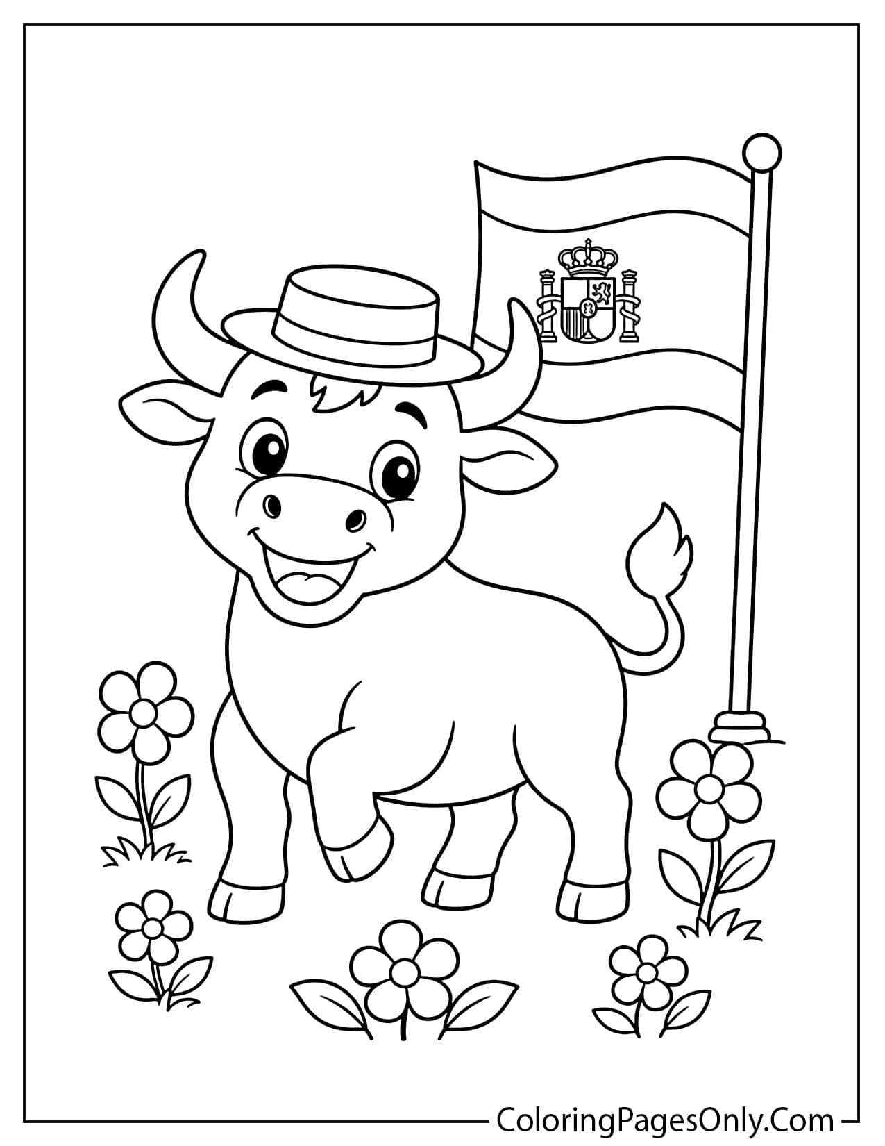 Cute friendly Spanish bull coloring page wearing a small hat beside flowers and a Spanish flag from Spain