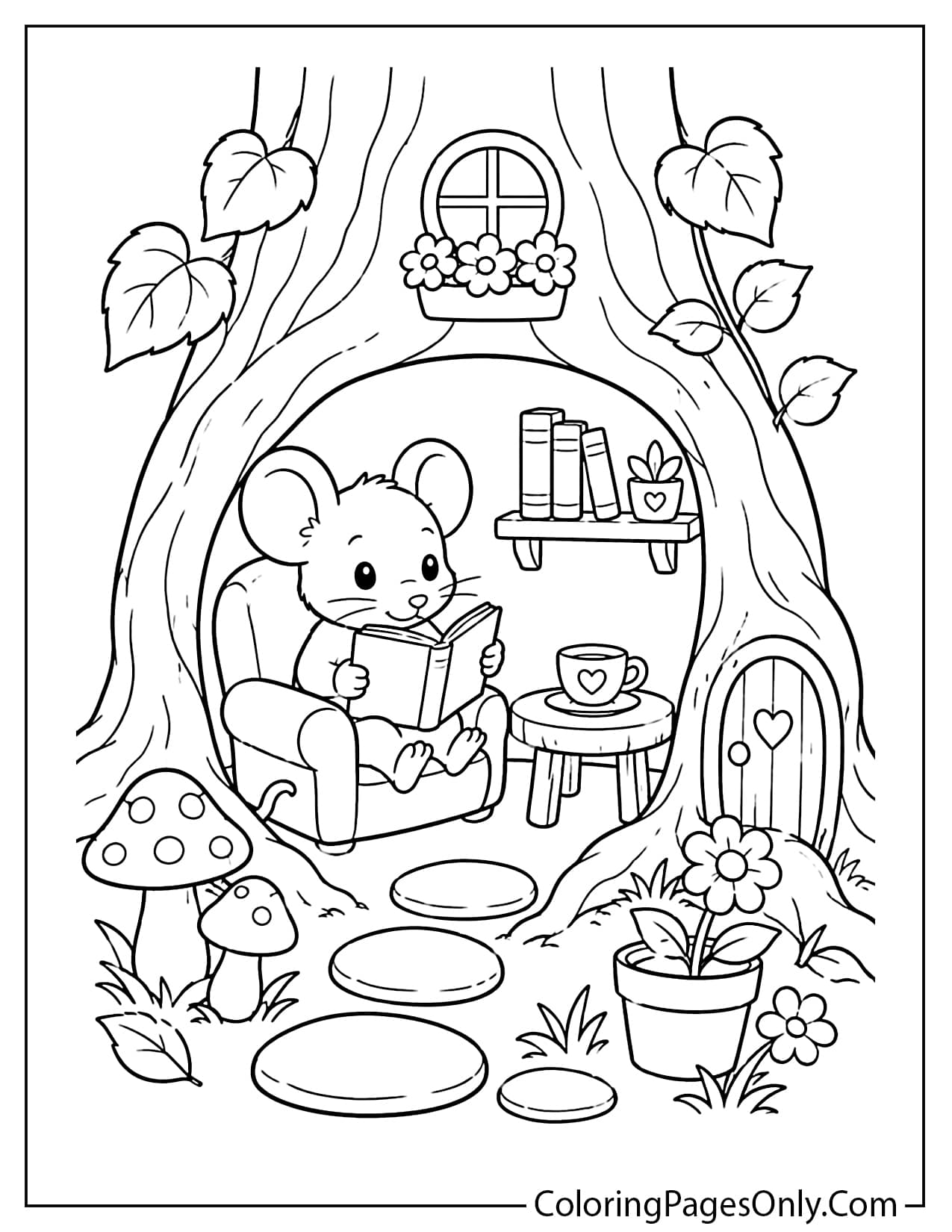Detailed mouse house coloring page for older kids and adults from Mouse