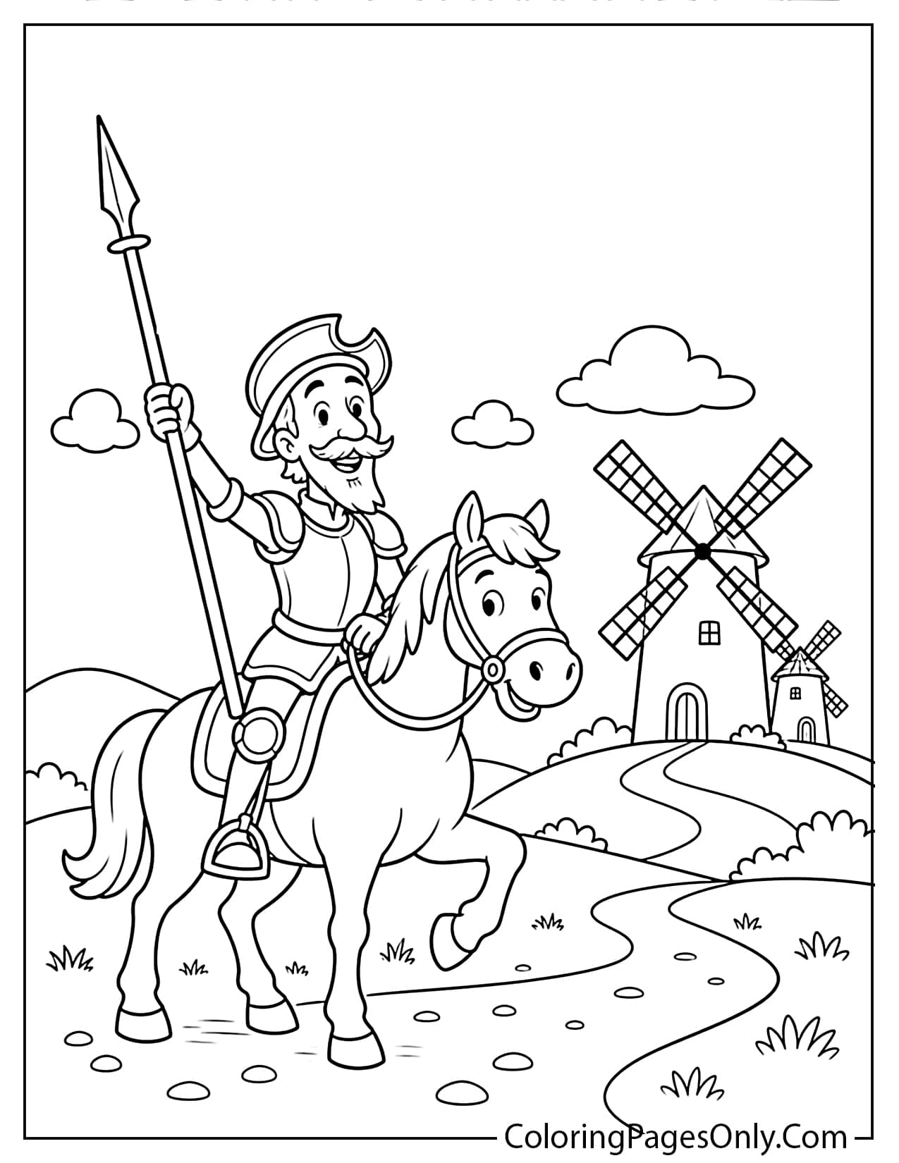 Don Quixote riding a horse near Spanish windmills coloring page for children from Spain