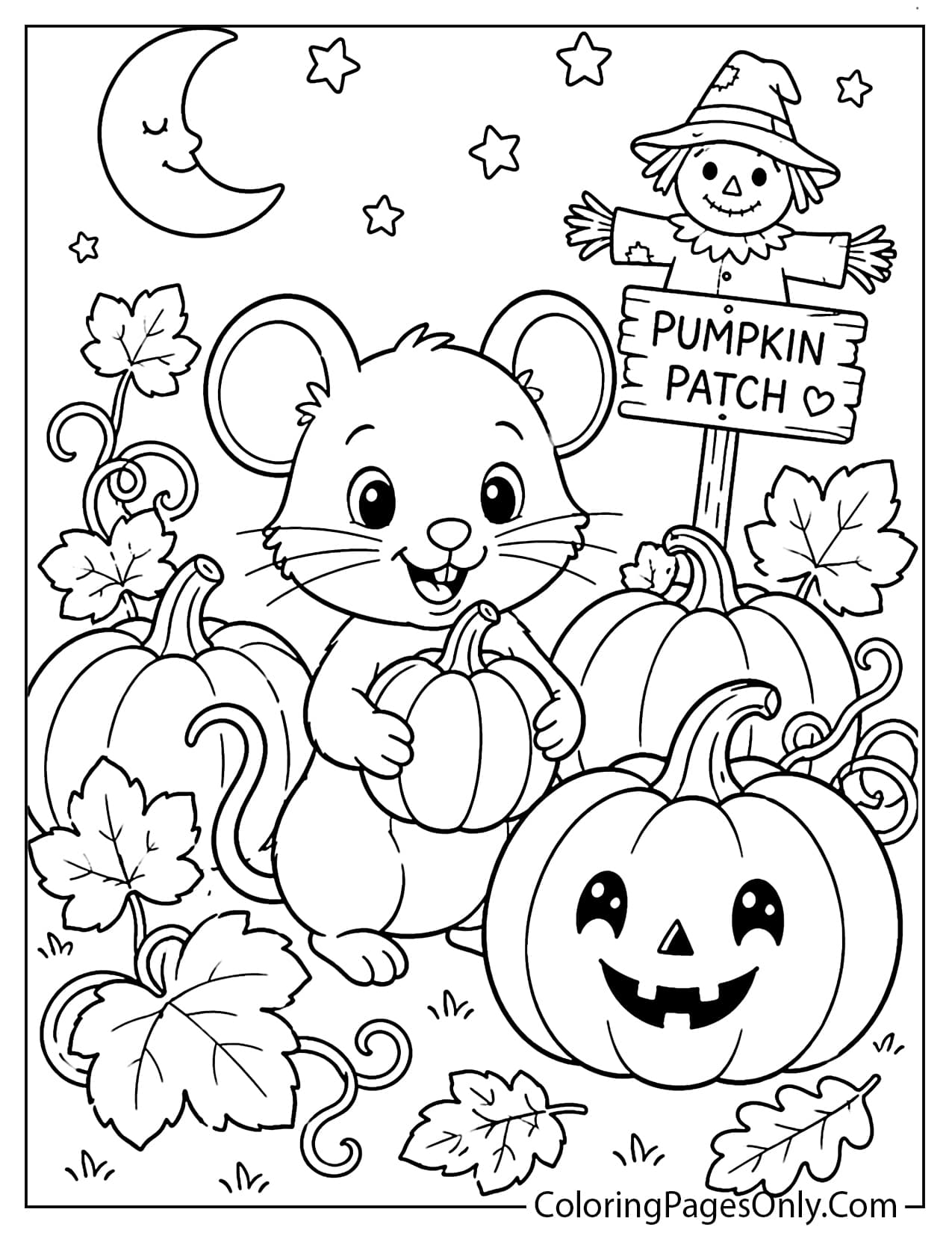 Fall mouse with pumpkins coloring page for kids from Mouse
