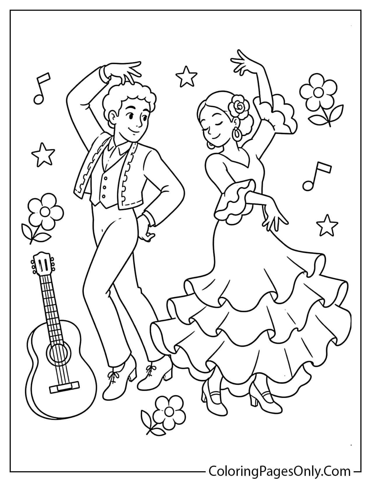 Flamenco dancing couple from Spain coloring page with traditional clothing and expressive poses from Spain