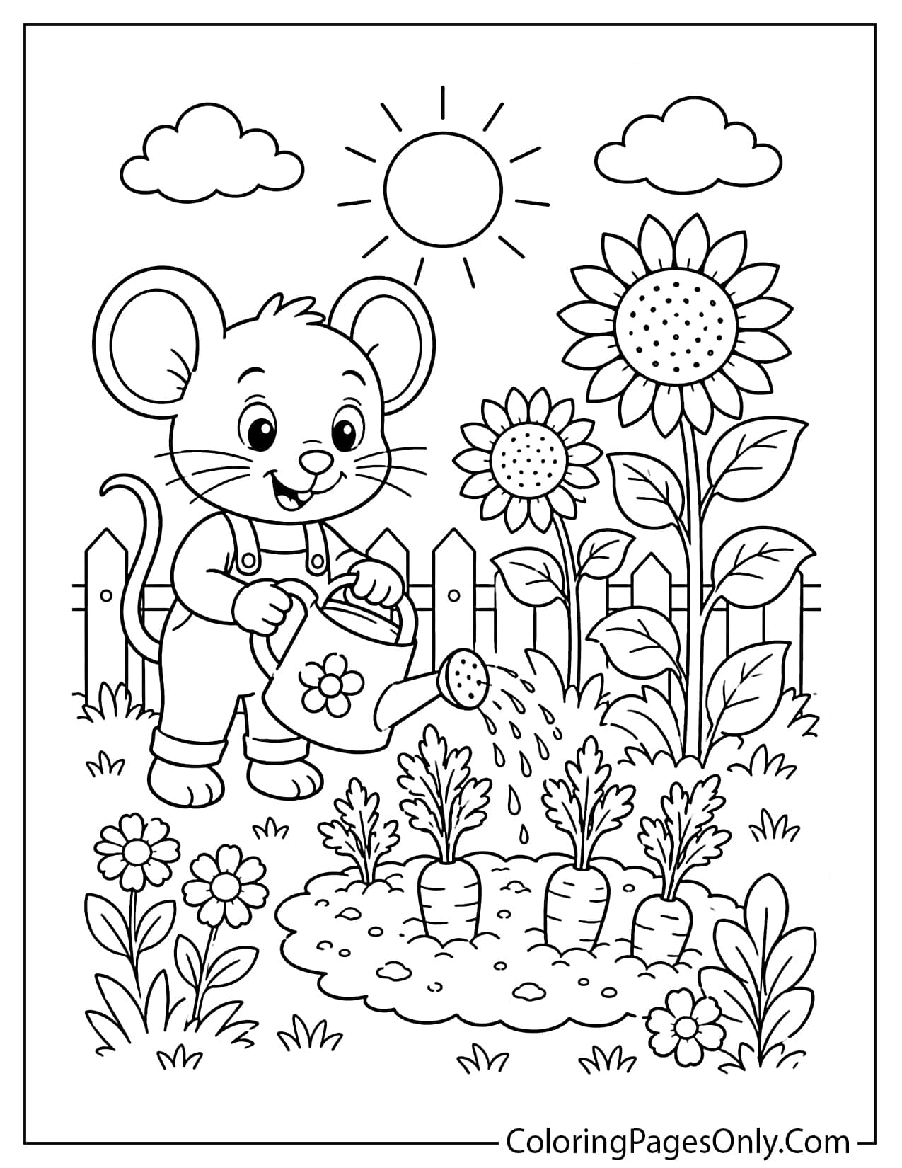 Gardening mouse watering flowers coloring page from Mouse