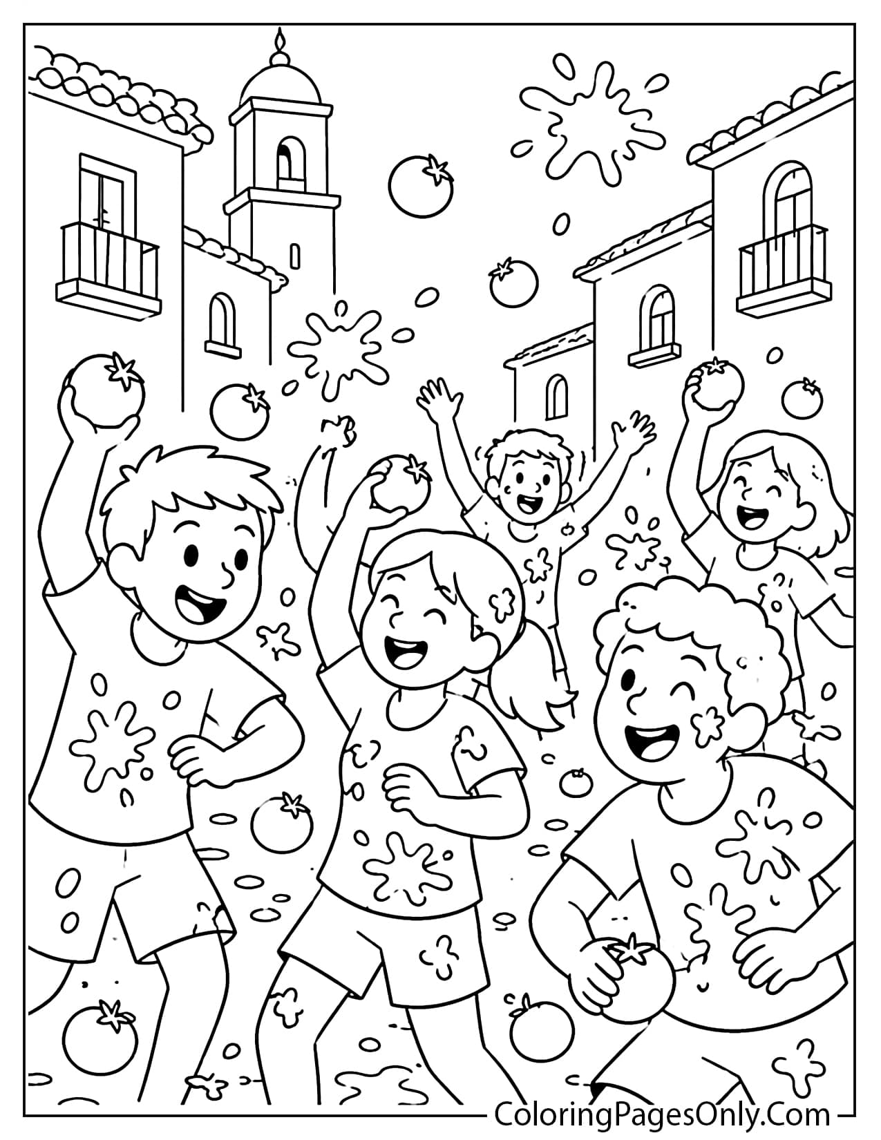 Fun La Tomatina festival coloring page with people tossing tomatoes in a Spanish town from Spain