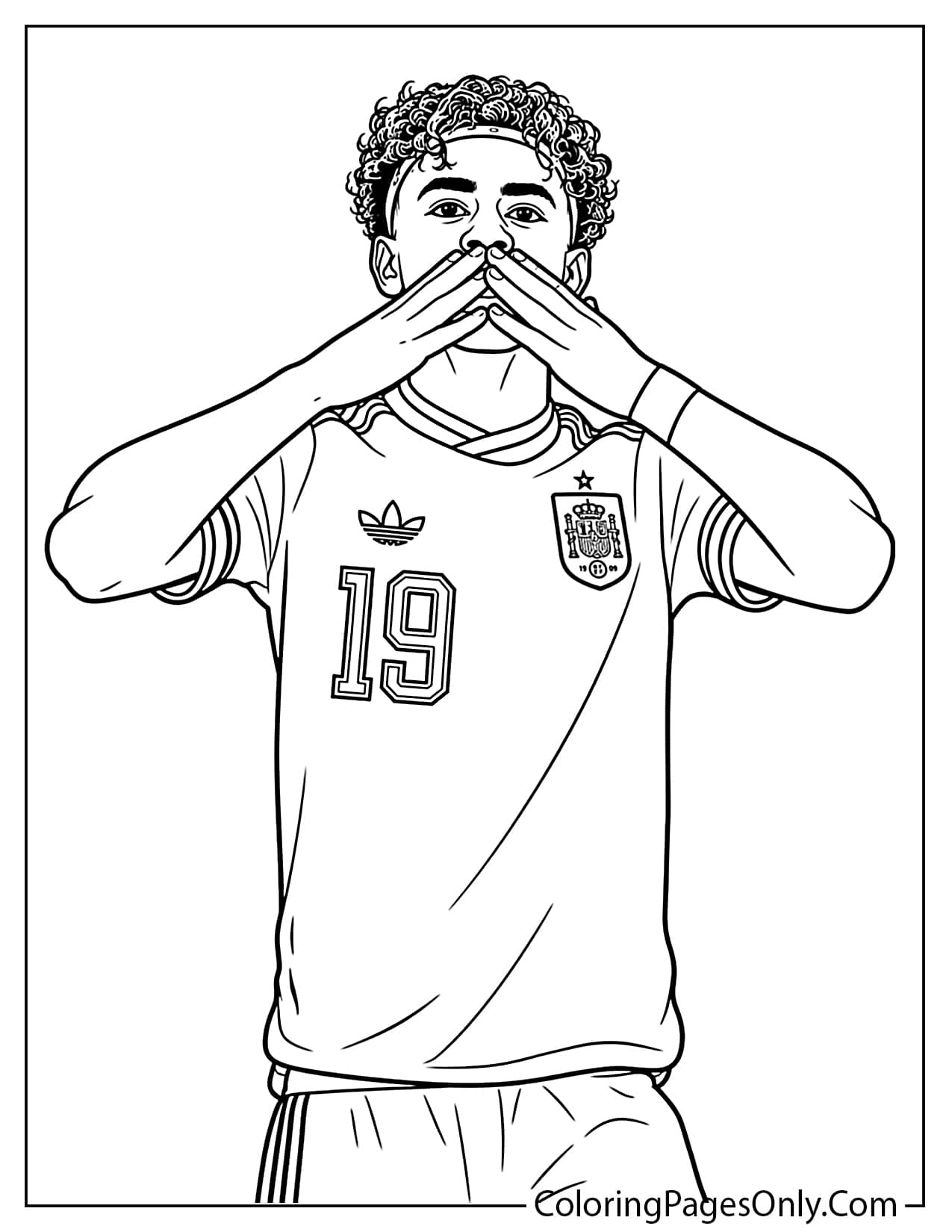 Lamine Yamal wearing Spain number 19 and blowing a kiss at World Cup 2026 coloring page from Lamine Yamal