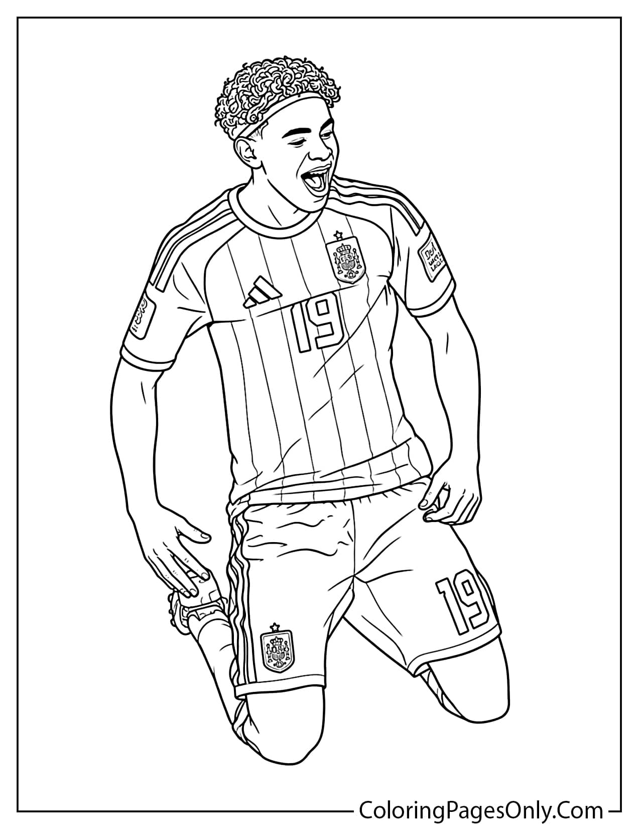 Lamine Yamal performing a knee slide celebration for Spain at World Cup 2026 coloring page from Lamine Yamal