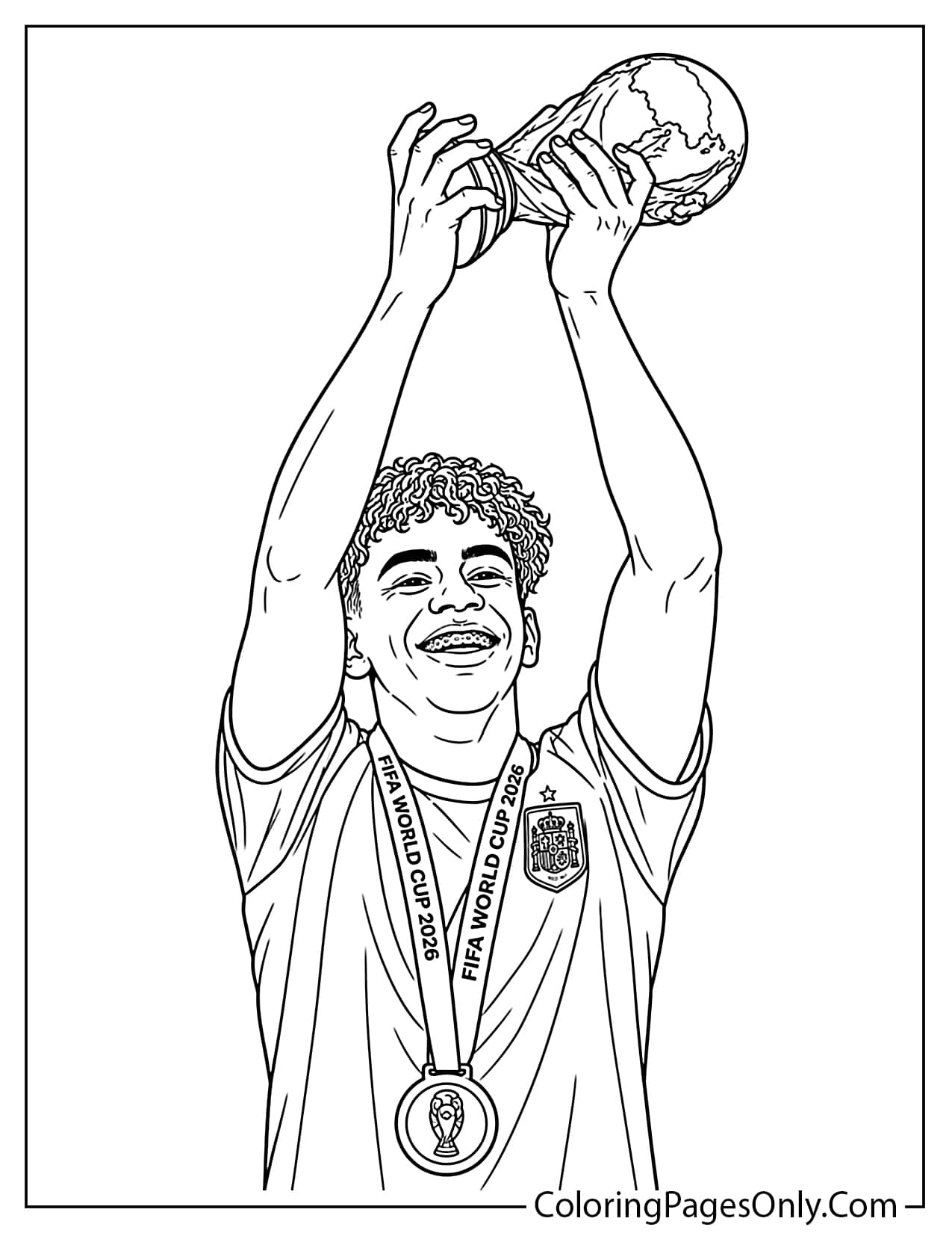 Lamine Yamal lifting the FIFA World Cup 2026 trophy above his head coloring page from Lamine Yamal