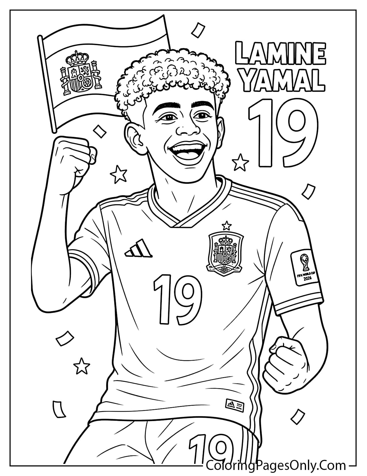 Lamine Yamal wearing Spain number 19 jersey and celebrating a soccer victory from Spain