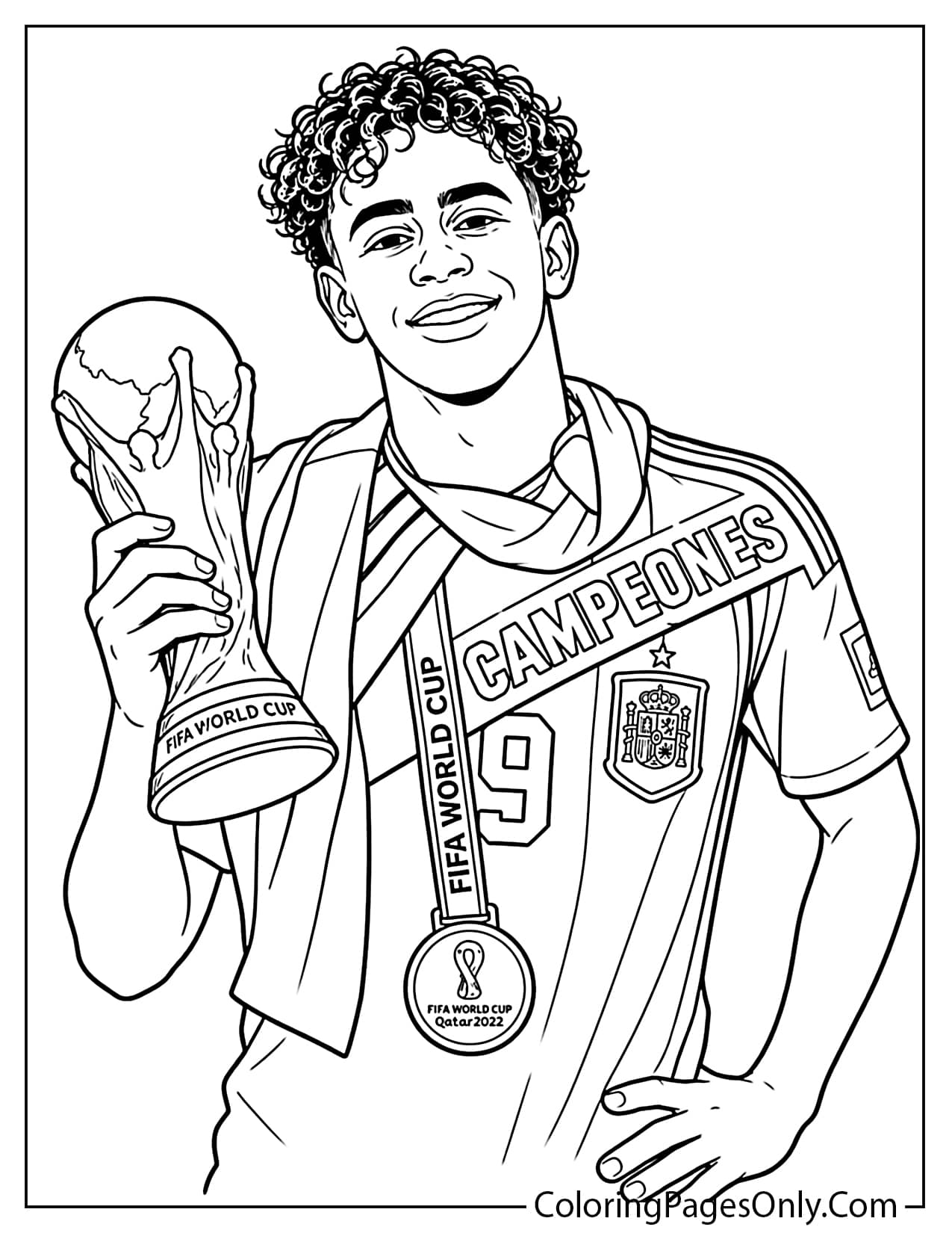Lamine Yamal holding the World Cup 2026 trophy and wearing a champion medal coloring page from Lamine Yamal