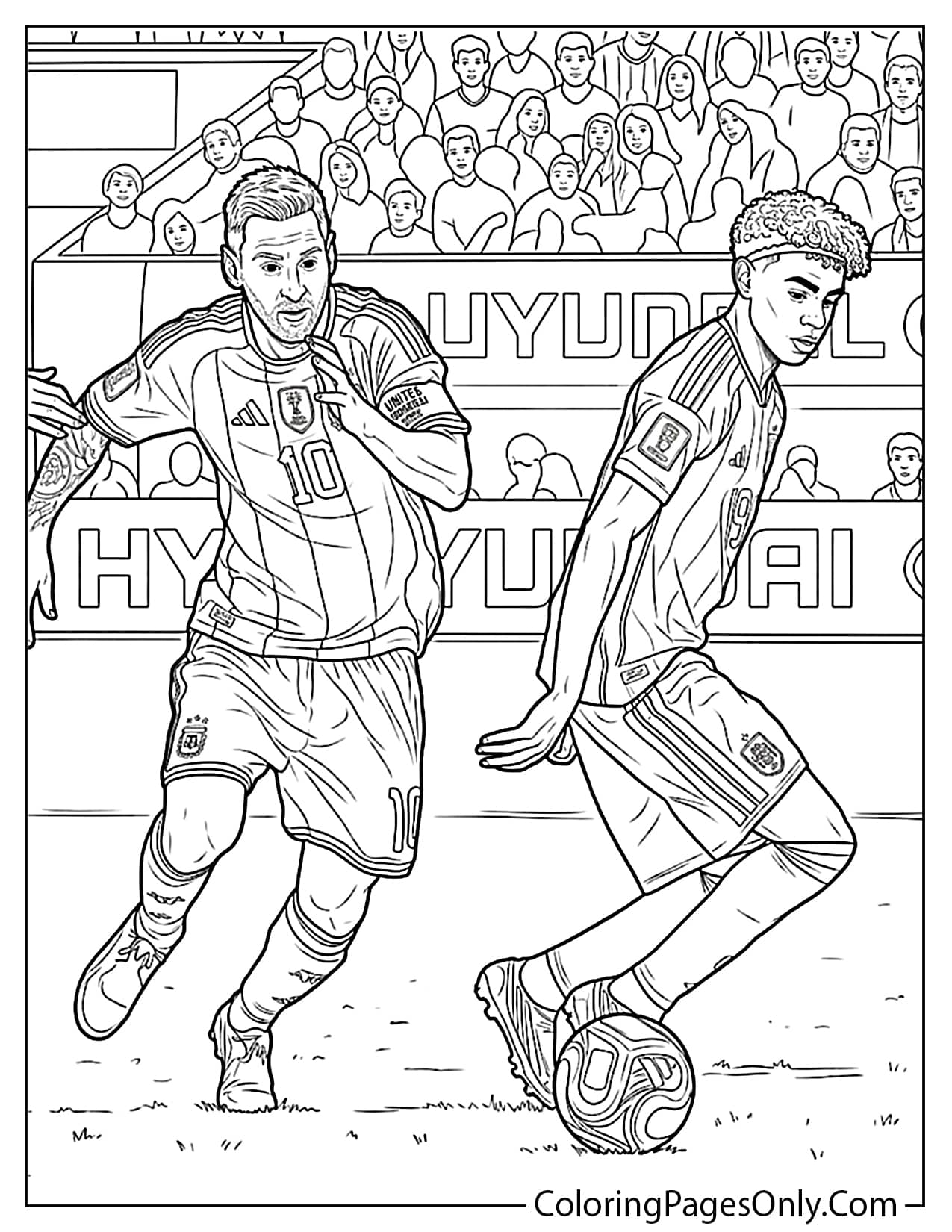 Lamine Yamal dribbling the football with Lionel Messi nearby at World Cup 2026 coloring page from Lamine Yamal
