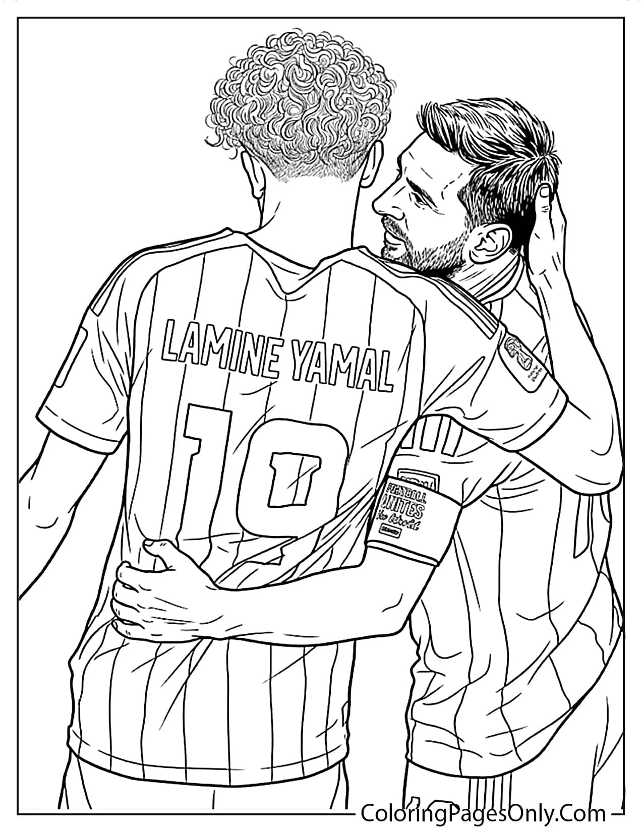 Lamine Yamal and Lionel Messi hugging on the field during World Cup 2026 coloring page from Lamine Yamal