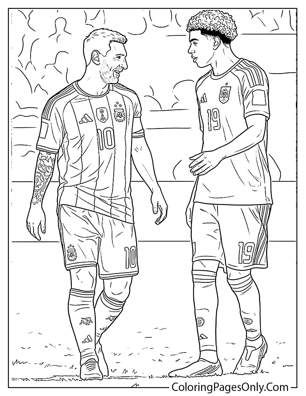 Lamine Yamal and Lionel Messi walking and talking together on the World Cup 2026 field coloring page from Lamine Yamal