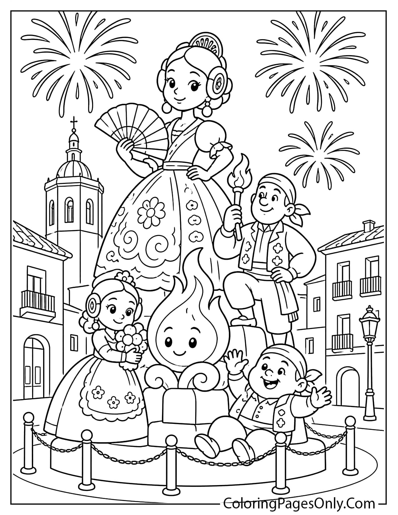 Las Fallas festival in Valencia Spain coloring page with a giant decorative sculpture and fireworks from Spain