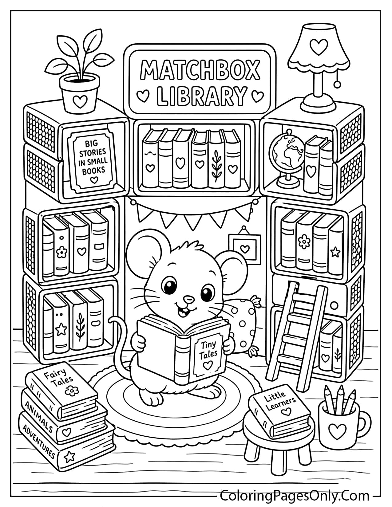 Library mouse reading books coloring page printable from Mouse