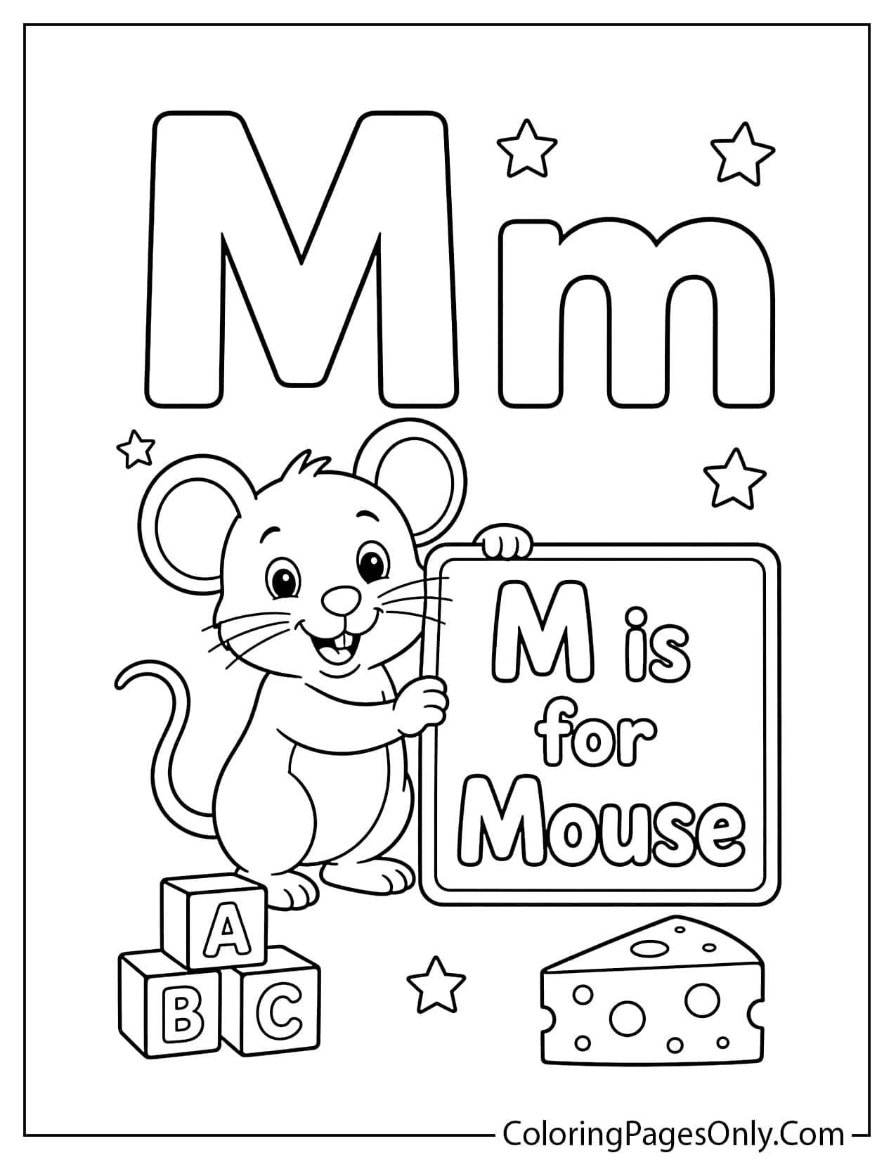 M is for mouse coloring page alphabet printable from Mouse