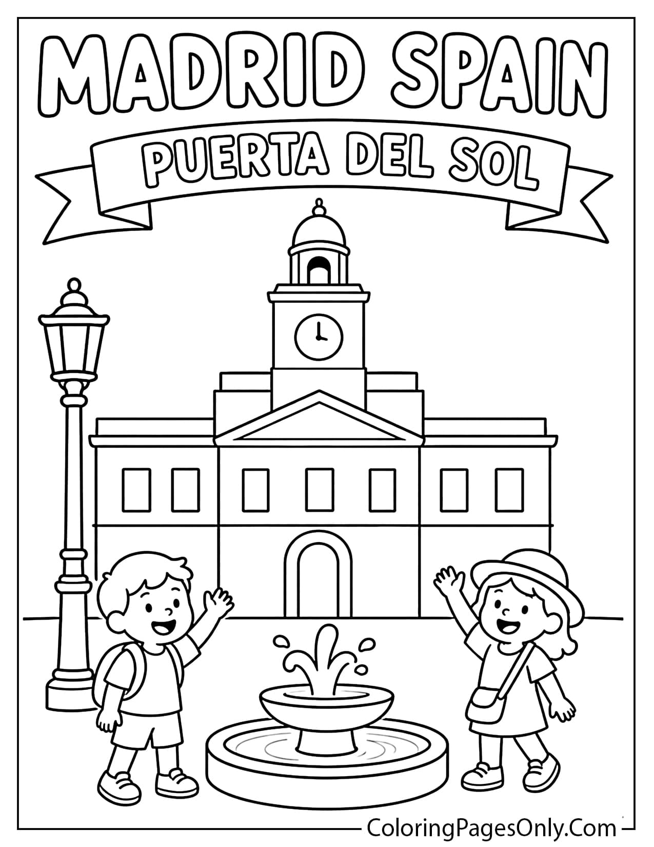 Madrid Spain coloring page featuring Puerta del Sol, city buildings and a friendly tourist scene from Spain